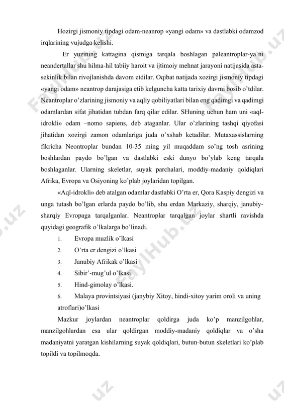mb-kanell’, orinyak shanselyad, italiyada «dolalar g’ori», grimal’di, kavil’on, barma grande. bausso de torre g’orlaridan angliyadagi navilend g’oridan neontroplarning skeletlari va ularning moddiy madaniyatiga oid buyumlar ko’plab topilgan. poleantropik materiallar qadimiy afrikada ham neontroplar yashaganidan darak beradi. neontroplarning manzilgohlari, mehnat qurollari va skeletlari afrikaning afaluburummel’, makta-al-arbi, nauru-assilyar, e’lentent, boskon, niyankoma, elizabet, skil’dergat, fish-xuk, keniya va tanchan’inaning ko’p joylaridan topilgan odam suyaklari ham neontroplarga mansubdir. sobiq sssrda ham arxeologiya va antropologiya sohasida qo’lga kiritilgan materiallar neontroplarning eski dunyoning katta qismida keng tarqalganini ko’rsatdi. «aql-idrokli odamlar» deb atalmish inson ajdodi o’zining tashqi qiyofasi, fikrlash qobiliyati, yashash tarzi, modiy madaniyati va mafkurasi bilan qadimgi naendetallardan tubdan farq qilar edi. bu farq avvalo ularning bosh tuzilishida ko’zga tashlanadi. bu tip odam miya qutisining hajmi 1100-1560 sm3 ga teng bo’lib, peshonasi keng, bosh suyagining yuqori qismi ancha baland bo’lgan. ularda miyaning eng proggressiv uchastkalari, ya`ni boshning tepa qismi ikki chekka, ayniqsa peshonna kattalashgan edi. neontrop odamlarning …