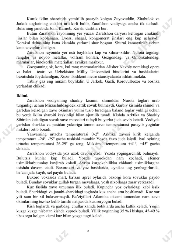 lari, slanets, granit, gneys jinslaridan tarkib topgan.bu tizmaning janubidagioktog, koratog, gubdun toglari xam paleozoy oxaktoshlari va slanetslaridan tuzilgan. bu toglar orasidagi nurota va orasoy chullaridir. ularda bir necha korizlar va buloklar bor. zarafshon rayonini sharkda chakilkalon, koratepa toglari uragan. bu toglarni bir-biridan taxtakoracha dovoni ajratib turadi. katta uzbek avtomobil yuli shu dovon orkali utadi. zarafshonning kuyi kismida katta maydonlar kum bilan koplangan. voxaning janubiy garbiy etagida zarafshon daryosining eski uzanlari, kurib kolgan kul chukurliklar bor. shulardan biri moxonkuldir. bu kul kuklamda suvga tulib, yozda kurib koladi. korakul voxasining shimoli-garbidagi kumlar kampirakkum deb ataladi. bu yerda kadimgi binolar xarobalari kumdan kutarilib turadi. kuruk iklim sharoitida yemirilib pasayib kolgan zuyovuddin, zirabulok va jarkok toglarining etaklari urli-kirli bulib, zarafshon vodiysiga ancha tik tushadi. bularning janubida jom, karnob, karshi dashtlari bor. butun zarafshon rayonining yer yuzasi zarafshon daryosi keltirgan chukindi jinslar bilan koplangan. lyoss, shagal, kongomerat jinslari eng kup uchraydi. korakul deltasining katta kismida …