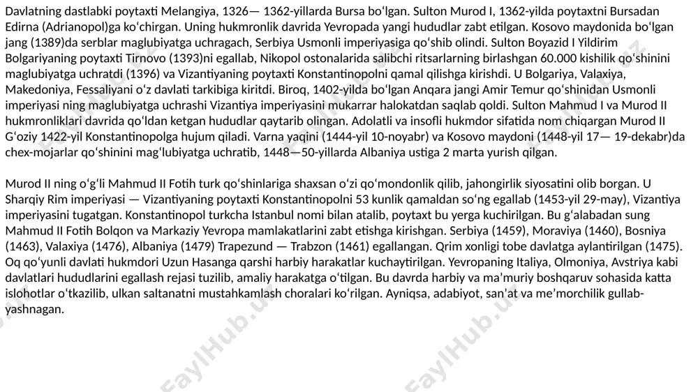 marta qamal qilishgan (1529). polsha va ukrainaga qoʻshin joʻnatilib, egey dengizidagi rodos va boshqalar orollar ishgʻol qilingan. sulaymon i qonuniy „muqaddas rim imperiyasi“ga qarshi kurashish uchun fransiya qiroli fransisk i bilan birinchi fransuz-turk siyosiy shartnomasi va savdo bitimini imzolagan (1535). 1556-yilga kelib usmonli imperiyasiga kichik osiyo hududi, gʻarbiy gurjiston, gʻarbiy armaniston, livan, suriya, iroq (bagʻdod bilan birga), falastin, hijoz, yaman, misr, tripoli, jazoir, yunoniston, bulgʻoriston, mojariston, serbiya, bosniya, valaxiya, transilvaniya, moldaviya, qrim kirgan. bu paytda u jahondagi eng qudratli saltanatlardan biri hisoblangan. saltanatning ulkan hududi 3 qitʼa: yevropa, osiyo, afrikaning katta kismini egallagan boʻlib, uning maydoni 8 mln. km²ga yetgan. xvi asrda turklarning kuchli dengiz floti butun oʻrta dengiz havzasini nazorat qilib turgan. sulton murod iii hukmronligi davrida kipr oroli boʻysundirilgan. bu paytda gibraltar boʻgozidan fors qoʻltigʻigacha, dunaydan nil sohillarigacha boʻlgan hudud sultonlikka qaragan. biroq xvii asr oxiridan boshlab sultonlikning harbiy, siyosiy va iqtisodiy qudrati astasekin zaiflasha boshlagan. yevropa mamlakatlari …