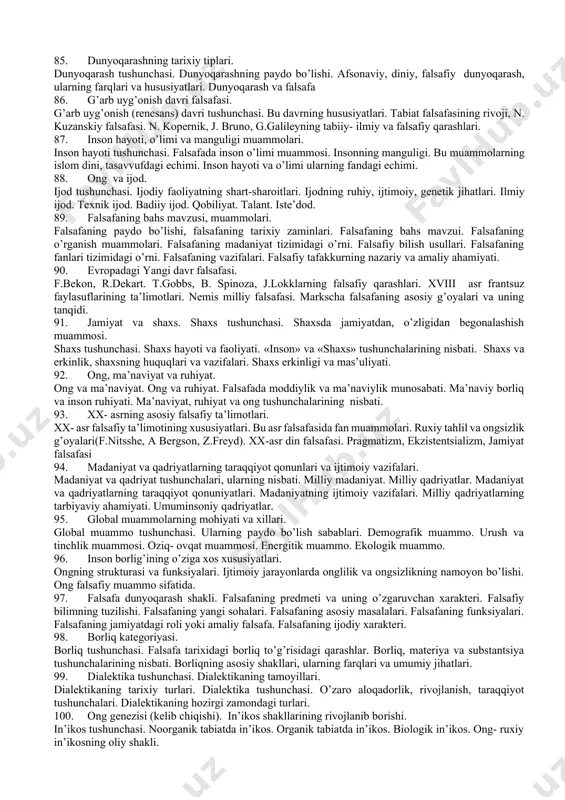 oatchilik fikri. 43. axloq va san’at. tayanch iboralar: markaziy in’ikos ob’yekti - inson, yaxshilik va go‘zallik g‘oyasi. 44. axloq va dinning bog‘liqligi. tayanch iboralar: islom etikasi, sufizm, prezidentimiz sh.mirziyoyevning islom dini haqidagi fikrlari. 45. fan va axloq. tayanch iboralar: fan va axloqning o‘zaro ta’siri va o‘ziga xos xususiyatlari, sokrat, platon bilim va axloq haqida, farobiy aqliy va axloqiy tarbiya haqida. 46. erkinlik va zaruriyat haqidagi nazariyalar. tayanch iboralar: axloqiy erkinlik, mustaqil shaxs, ijodiy shaxs bo‘la olish imkoniyati, axloqiy zaruriyat, uning ob’yektiv xarakteri. 47. axloqiy erkinlik va bozor iqtisodiga asoslangan demokratik jamiyatni barpo etish. tayanch iboralar: erkin kishi, ko‘r-ko‘rona xarakat, qonun ustuvorligi, ijodiy shaxs, xalqni rozi qilish 48. shaxsning axloqiy ma’suliyati. tayanch iboralar: axloqiy ma’suliyat, burch, ma’suliyatdan voz kechish, erkinlik va individuallik, erkinlik darajasi, ma’suliyat darajasi. 49. mustaqil, demokratik jamiyat barpo etishda shaxsning axloqiy ma’suliyati. tayanch iboralar: axloqiy ma’suliyat xissini tarbiyalash, oila, maktab va jamoatchilikning bunga ta’siri, prezidentimiz sh.mirziyoyev asarlaridagi yangicha …
