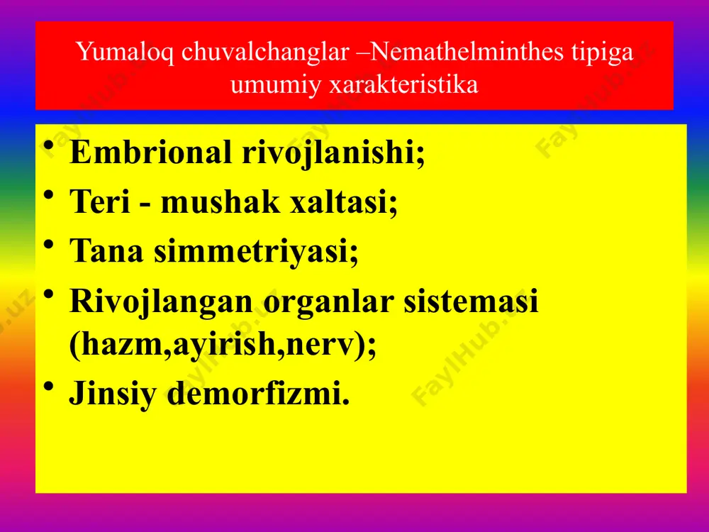 culus medinensis - drakunkulyoz kasalligini qoʼzgʼatuvchisi teri osti yog’ klechatkasida yashaydi; biogel’mint, urgochisini uzunligi- 1,5 m, erkagi-15-30 mm. tirik lichinkalar tug’uvchi gijjalar guruhiga kiradi; siklop-lichinka-qon tomirlari orqali migratsiya-teri osti yog’ klechatkasi – yetuk shakl; hayot sikli bir yilgacha chuzilishi mumkin; oyoqdagi rishtani chiqarib olish kasallik belgilari: - bug’imlar harakati susayadi; teri qichishi; аllergik reaktsiyalar kuzatiladi; filyariyalar filariidae oilasiga mansub yumaloq chuvalchanglar –filyarioz quzgatuvchilari. filyariyalar ipsimon nematodalar.urgochilarining uzunligi -10sm.,erkagi - 4sm. biogel’mintlar, rivojlanishi hujayin almashtirish yuli bilan boradi. har xil organlarda parazitlik qiladi,voyaga yetgan chuvalchanglar-limfa bezlarida,ichki aʼzolarning qon tomirlarida parazitlik qiladi; lichinkalari-mikrofilyariyalar qon tomirlar tizimida aylanib yuradi; urgochilari tirik tugar. qon suruvchi hasharotlar orqali tarqaladi, yaʼni transmissiv kasallik hisoblanadi. filyariyalarning rivojlanish sikli vuxereriya– wushereria bancrofti – vuxererioz kasalligining qoʼzgʼatuvchisi kasallik belgilari: allergik holat yuzaga keladi; tana harorati kutariladi: to’qimalarda shish va infil’tratlar hosil bo’ladi: voyaga yetgan chuvalchanglarni tomirlarga tiqilib qolishi natijasida: ayrim aʼzolar yug’onlashib ketadi(fil oyog’i) vuxererioz bilan kasallangan bemorlar loa-loa …