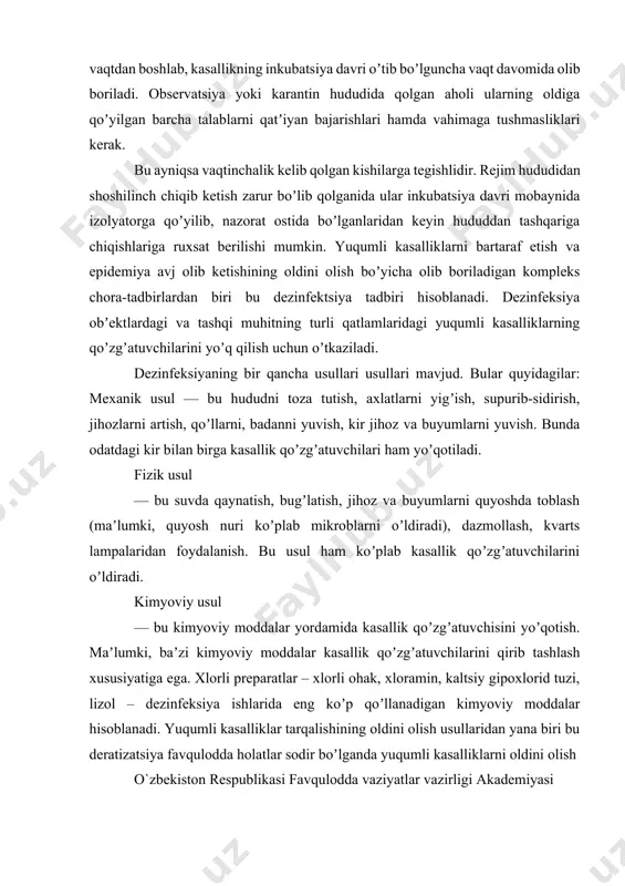 lik qoʼzgʼatuvchilarini qirib tashlash xususiyatiga ega. xlorli preparatlar – xlorli ohak, xloramin, kaltsiy gipoxlorid tuzi, lizol – dezinfeksiya ishlarida eng koʼp qoʼllanadigan kimyoviy moddalar hisoblanadi. yuqumli kasalliklar tarqalishining oldini olish usullaridan yana biri bu deratizatsiya fаvquloddа holаtlаr sodir boʼlgаndа yuqumli kаsаlliklаrni oldini olish o`zbekiston respublikasi favqulodda vaziyatlar vazirligi akademiyasi - 2021 tadbiridir. deratizatsiya deganda yukumli kasallik tarqatuvchi kemiruvchilar — sichqon kalamush, yumronqoziq va hakazolarni yoʼqotish boʼyicha olib boriladigan tadbirlar tushuniladi. maʼlumki, koʼplab kemiruvchilar qonida insonlar uchun xavfli boʼlgan mikroblar mavjud. bu mikroblar ularning ajralmalaridan tashqi muhitga tushib atrof muhitni, shu jumladan, oziq-ovqat mahsulotlarini ifloslantirishi va kasallikka sabab boʼlishi mumkin. yuqumli kasallik tarqalishining oldini olishga qaratilgan yana bir tadbir bu dezinsektsiya tadbiridir. dezinseksiya deganda yuqumli kasallik tarqatuvchi hasharotlar — pashsha, chivin, kana, bit, burga va hakazolarni yoʼqotish boʼyicha olib bboriladigan choratadbirlar tushuniladi. hasharotlarni yoʼqotish orqali biz kasallik keltirib chiqaruvchi mikroblar tashuvchisini yoʼqotamiz. yuqumli kasalliklarning oldini olish usullaridan yana biri bu emlash …