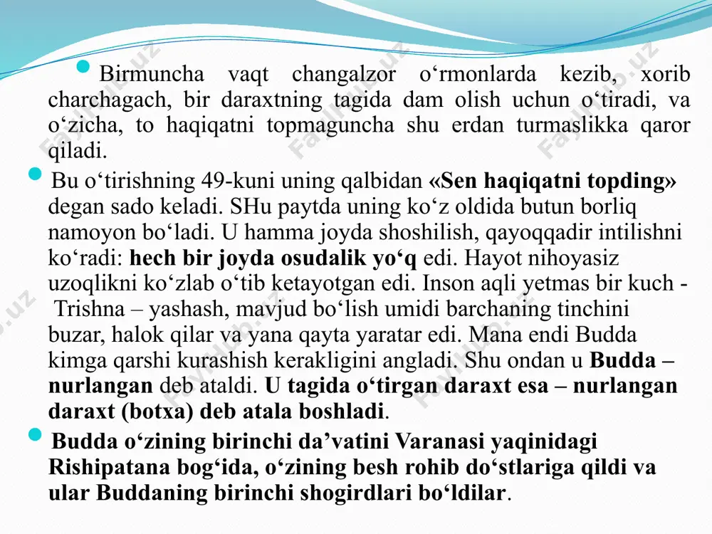 a erisha olmagan. uchinchi va to‘rtinchi haqiqat uchinchi haqiqat – «qiynoqlarni tugatish mumkin». yaxshi yoki yomon niyatlardan, intilishlardan butunlay uzilish nirvana holatiga olib boradi. bu holatda inson qayta tug‘ilishdan to‘xtaydi. buddistlar fikricha, nirvana holati, «hayot g‘ildiragidan» tashqariga chiqish, «men» degan fikrdan ajralib, insonning hissiy tuyg‘ularini to‘la tugatishdir. to‘rtinchi haqiqat – «qiynoqlardan qutilish yo‘li mavjuddir». bu yo‘l sakkizta narsaga amal qilish, to‘g‘ri tushunish, to‘g‘ri harakat qilish, to‘g‘ri muomalada bo‘lish, fikrni to‘g‘ri jamlashdir. bu yo‘ldan borgan inson budda yo‘lini tutadi. buddizm ta’limoti buddizm ta’limoti, asosan, uch qismdan iborat: 1) axloq; 2) meditatsiya; 3) donolik. 1. axloq normalari – «pancha shila» (buddaning besh nasihati): qotillikdan saqlanish; o‘g‘rilikdan saqlanish; gumrohlikdan saqlanish; yolg‘on, qalbaki narsalardan saqlanish; mast qiluvchi narsalardan saqlanish. 2. meditatsiya to‘g‘ri tushunish (to‘g‘ri e’tiqod qilish) – buddaning birinchi da’vatida so‘z yuritilgan to‘rt haqiqatni bilish va unga ishonish; to‘g‘ri niyat qilish – dunyoviy lazzat-halovatlardan xalos bo‘lishga, keraksiz fikrlar va boshqalarga zarar etkazib qo‘yishdan saqlanishga …