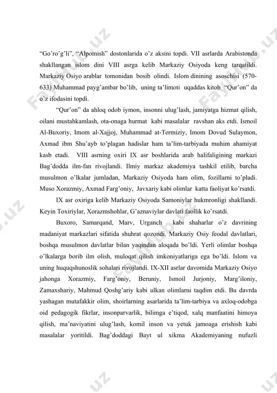 “saxix al buxoriy” asari, farobiyning “aql haqidagi risola ”, “logikaga kirish”, “fozil shahar aholisining fikrlari”, ibn sinoning “kitob ash-shifo”, “kitob at-tib”, “donishnoma” asarlari va boshqalar markaziy osiyo nomini jahonga mashhur qildi. markaziy osiyo adabiyot sohasida ham dunyo madaniyatida o’chmas iz qoldirgan nomlar rudakiy dakikiy, ahmad yugnakiy, yusuf xos xojib kabilar bilan mashhur bo’ldi. bu davr badiiy adabiyotida shoirlar fors, turk va arab tillarida ijod etdi. ular o’z asarlari bilan adabiyot tarixida, turk adabiyotining so’nggi rivojida o’chmas iz qoldirgan. shu davrda yashab ijod etgan unsurulmaoliy kaykovus ibn iskandar 412 xijriy yilda milodiy 1021-22 kasbiy dengizining janubiy qirg’og’ida gilod qabilasiga mansub bo’lgan mayda feodal oilasida tug’iladi. uning bobosi g’arbiy eron podshohi shamsulmaoliy kobus o’z zamonidagi feodal tabaqa uchun zarur bo’lgan hamma ilmlarni o’rgandi. ayniqsa, u adabiyot va shoir edi. fors, arab tilida she’rlar yozardi, hamma klassik arab tilida tuzilgan “normalar” asarining muallifi bo’ldi. u o’z atrofida mashhur ilm, adabiyot, san’at ahllarini to’pladi …