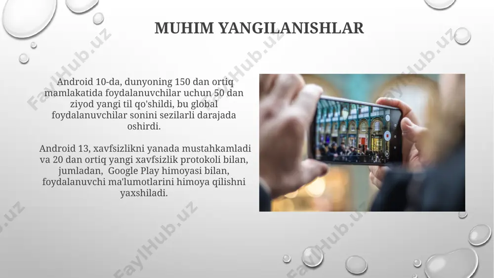h mumkin. kelgusi yillarda, "kelajak rejalari" strategiyasi doirasida, android operatsion tizimi samarqand va buxoro kabi hududlarda ham 4g/lte tarmoqlari orqali keng qo'llanilishini ta'minlash uchun katta hajmdagi ma'lumotlarni ishlashga optimallashtiriladi. android versiyalarining tarixi android 2.3 "gingerbread" 2010-yilda chiqarildi va dunyo bo'ylab 100 milliondan ortiq qurilmada ishlatilgan, shuningdek, opengl es 2.0 grafik texnologiyalariga qo'llab-quvvatlashni kiritdi. android'ning birinchi versiyasi, 2008-yilda google tomonidan chiqarilgan va "android 1.0" deb nomlangan bo'lib, faqatgina 50 ta dasturga qo'llab-quvvatlashni ta'minlagan. bozor ulushi va raqobat 2023 йилнинг учинчи чорагида android глобал бозордаги улуши 70% дан ортиқни ташкил этди, бу apple ios операцион тизимига нисбатан сезиларли фарқни кўрсатади. хитойнинг xiaomi, oppo ва vivo каби компаниялари android'нинг бюджет сегментидаги муваффақиятлари туфайли жанубий-шарқий осиё бозорларида кучли рақобатга эга. android arxitekturasi android arxitekturasining asosiy qismi bo'lgan linux yadrosi 3.10 va undan yuqori versiyalarini qo'llab-quvvatlaydi, qurilma drayverlari, xotira boshqaruvi va tarmoq funksiyalarini ta'minlaydi. android 11 va undan keyingi versiyalarda, xavfsizlikni yaxshilash maqsadida, google play …