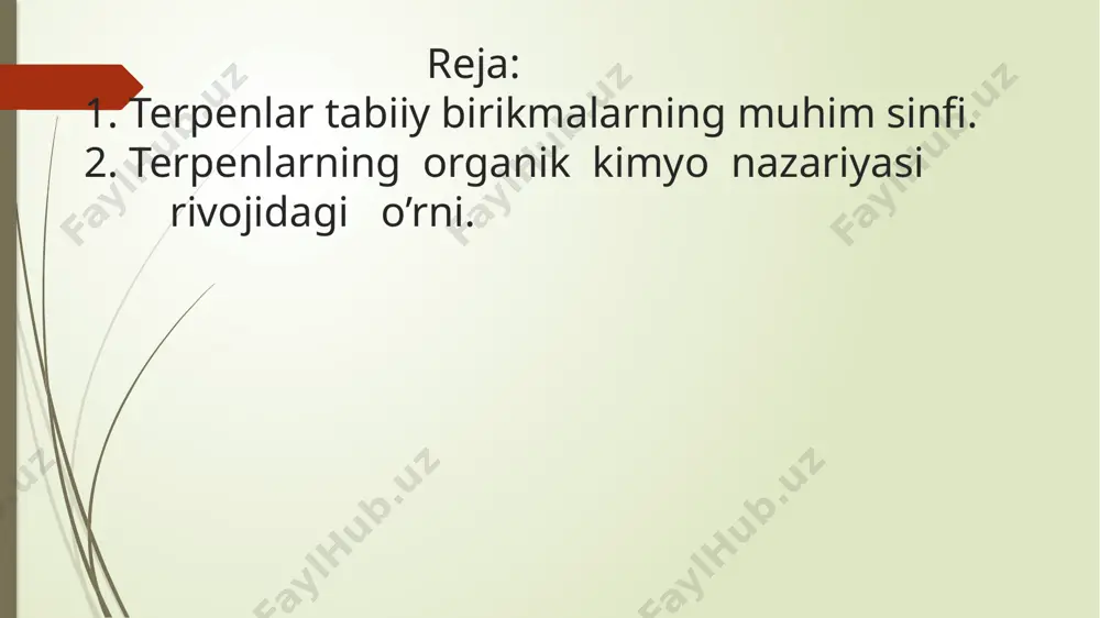 ing asosiy manbai xushbo’y o’simliklarning efir moylari hisoblanadi. ulardan suv bug’i bilan haydab turli erituvchilar yordamida ekstraksiya qilinib olinadi. hozirgi paytda sintez yo’li bilan ham olinadi. keng tarqalgan vakili kamfora yaponiya va tropik mintaqalarda o’sadigan kamfora daraxti (laurus camphora l.) dan ajratib olingan. uyurak faoliyatini kuchaytiruvchi vosita hisoblanadi. tibbiyotda, atir-upacilikda, konditer sanoatida keng qo’llaniladigan mentol ham monoterpenlar sinfiga mansub. geraniol-monoterpenli spirt, sitral-aldegid sitrusli mevalar tarkibidan ajratib olingan. gul nektarlari monoterpenlari odatda hasharotlarni o’ziga jalb etuvchi moddalar (attpaktantlar) hisoblanadi. masalan xmel moyida mirsen va otsimen, lavanda moyida geraniol izomeri linalool va uning atsetati aniqlangan. ikkala terpenoid ham yoqimli landish hidiga ega. atirgul va geran efir moylarida qimmatbaho xushbo’y modda-(s)-sitronellol, na'matak gullarining nektarida esa geraniol va nerol bo’ladi. alifatik monoterpenlar kislotalar ta’sirida osongina halqalanadi. masalan, geraniol dastlab nerol monoterpenigacha izomerisatsiyalanadi, u esa terpinning digidrooksi hosilalarigacha halqalanadi. sis-terpin limonenning kislotali gidrolizi natijasida ham olinishi mumkin. seskviterpenlar seskviterpenlar kimyosining rivojlanishi sveytsariyalik olimlar l.rujichka, a.eshenmozer …