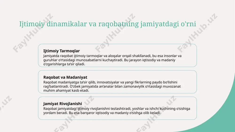ish zamonaviy raqobat yoshlar uchun sifatli ta'lim va axborot manbalariga kirishni kengaytiradi, bilim va texnologiyalarga bo'lgan ehtiyojni qondiradi, raqobatbardoshligini oshiradi. ish o'rinlari va imkoniyatlar raqobat yangi ish o'rinlarini yaratadi, yoshlarning mehnat bozoriga integratsiyasini kuchaytiradi, ularning iqtisodiy mustaqilligi va jamiyatdagi rolini mustahkamlaydi. xulosa raqobatning iqtisodiy asoslari va kuchlari raqobat iqtisodiy rivojlanishda muhim rol o'ynaydi, resurslarni samarali taqsimlab, innovatsiyalarni qo'llab-quvvatlaydi va bozor muvozanatini ta'minlaydi. madaniy va ijtimoiy rivojlanishda raqobatning roli raqobat madaniyat va ijtimoiy o'zgarishlarni tezlashtiradi, yoshlar va jamiyat uchun yangi imkoniyatlar yaratadi, shuningdek, milliy identitetni mustahkamlashda yordam beradi. raqobatni oshirish uchun strategik usullar bozorni chuqur o'rganish, sifat va innovatsiyalarni rivojlantirish, adolatli imkoniyatlar yaratish orqali raqobat ustunligini oshirish mumkin, bu iqtisodiy barqarorlikni ta'minlaydi. foydalanilgan adabiyotlar 1. nazarov, s. raqobat va bozor iqtisodiyotida uning roli. o'zbekiston davlat universiteti, 2018. 2. yuldashev, x. raqobatni rivojlantirish va iqtisodiy barqarorlik. tashkent: iqtisodiyot va menejment nashriyoti, 2020. 3. tursunov, a. raqobat prinsiplari va bozor kuchlari. o'zbekiston iqtisodiy …