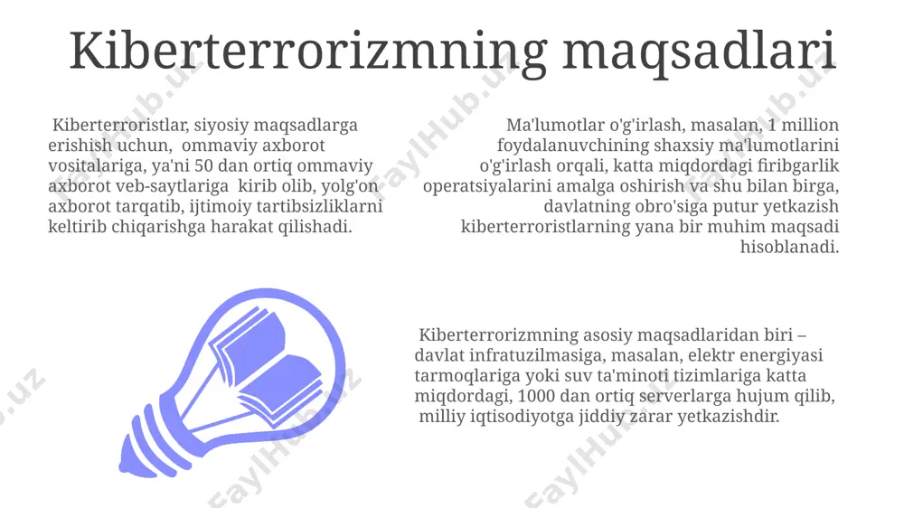 hi, bu esa hujumlarni aniqlash va aybdorlarni topishni qiyinlashtiradi, bu esa ddos hujumlari va zararli dasturlar orqali amalga oshiriladi. kiberterrorizm – axborot tizimlariga, infratuzilmalarga yoki kompyuter tarmoqlariga qarshi qasddan amalga oshiriladigan, keng ko‘lamli zarar yetkazishga qaratilgan, 200 dan ortiq odamning hayotiga tahdid soladigan yoki o‘limga olib keladigan hujumlarni o‘z ichiga oladi. kiberterrorchilarning maqsadlari orasida davlat organlarining faoliyatini to'xtatish, milliy xavfsizlikka putur yetkazish, 1000000 dan ortiq shaxsning shaxsiy ma'lumotlarini o'g'irlash va tarqatish kabi harakatlar mavjud bo'lib, ularning har biri katta ijtimoiy-iqtisodiy oqibatlarga olib keladi. xalqaro hamkorlik кибертерроризмга қарши курашда халқаро ҳамкорликнинг самарадорлигини ошириш учун 100 дан ортиқ давлат ўртасидаги маълумот алмашинувининг тезкорлиги ва ишончлилигини таъминлаш муҳимдир. кибертерроризмга қарши курашдаги халқаро санкциялар ва қонунчилик чораларининг самарадорлигини баҳолаш учун камида 3 йиллик мониторинг маълумотлари таҳлили зарур. жаҳондаги йирик киберхавфсизлик компаниялари билан ҳамкорликдаги киберхуружларни олдини олиш бўйича 5 тадан ортиқ глобал дастурларнинг татбиқ этилиши кибертерроризмга қарши курашни кучайтиради. kiberxavfsizlik choralarini kuchaytirish kiberxavfsizlikni mustahkamlash uchun …