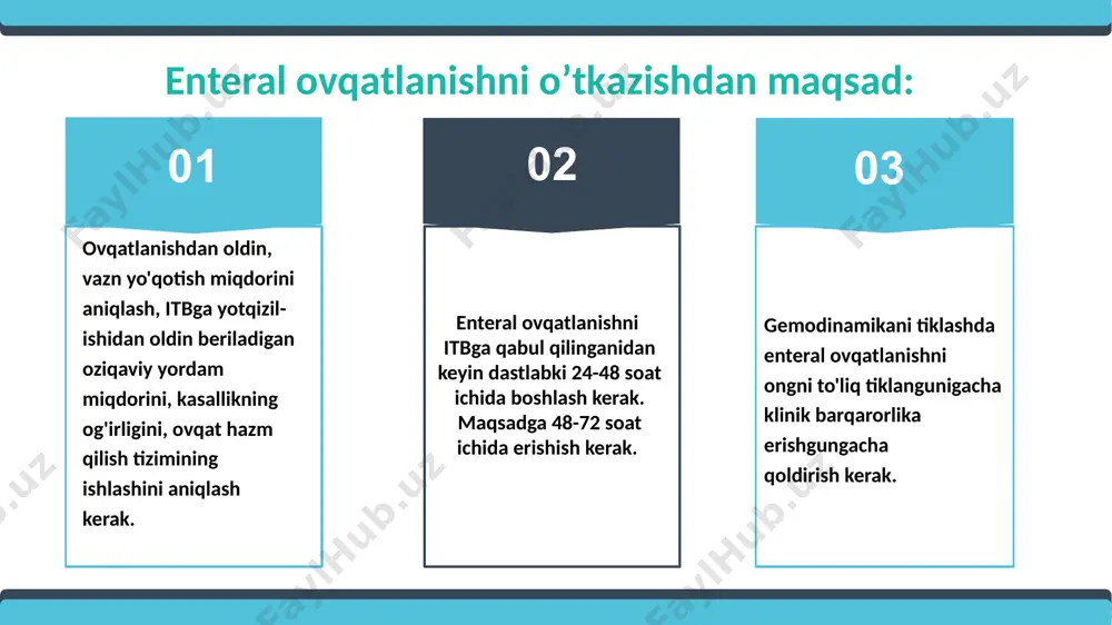 se read the instructions and more work at the end of the manual template. add title xulosa qilib aytganda, kritik holatdagi bemorlarni enteral, parenteral, ovqatlanishni to'g'ri baholay olish kerak. bemor yaqinlariga agar bemor nazogastral zond orqali ovqatlantirilsa, ovqat mahsulotini yaxshilab maydalab, ko'proq suyuq ovqatlar, bulyonlar olib kelishlarini tushuntirish. bemorni ovqatlantirish bilan birga organizmdan uning chiqarilishini ham monitoring qilish kerak. kritik holatdagi bemorlarni energiya sarfi ortadi shu sababli har bir bemor uchun individual sutkalik kaloraj belgilanadi va shu asosda oziqlantirilish olib boriladi. 17 ilmiy ishimni tadbiq qilish uchun 60ta turli xil kasalliklar (gemorragik insult, oshqozon yoki 12 barmoqli ichak yara perfo- ratsiyasi, bosh miya o’smasi, avtotravma va terapiya bo’limidagi bemorlar) bilan og’riyotgan bemorlarni 3 xil usulda ovqatlantirdik. 20ta bemorni enteral usulda, yana 20 ta bemorni parenteral usulda va qolgan 20 ta bemorni aralash tipda oziqlantirdik. enteral usulda kritik holatdagi bemorlarni nazogastral zond orqali turli xildagi bulyon, suyuq ovqatlar bilan ovqatlantirdik. bo’limda …