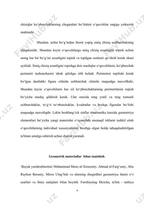 dalanishlari kerak. geometrik mazmunli masalalar asosan qog‘oz varag‘ini, figuralarni chizish va hokazolar bilan bog‘liq amaliy ishlar bilan qarab chiqiladi. chizishdagi elementlar, ko‘nikmalarni shakllantirishga alohida e'tibor beriladi. dasturda bolalar qachon chizg‘ichdan foydalanishni o‘rganishlari vaqti ko‘rsatilgan, ular qanday sodda mashqlar va o‘lchamlarni bajarishlari kerakligi ko‘rsatilgan. bular berilgan uzunlikdagi kesma chizish va o‘lchov chizig‘ichi yordamida kesmalarni o‘lchash, keyin qog‘ozda to‘g‘ri to‘rtburchak yasash, chiziqsiz qog‘ozda chizmachilik uchburchagi yordamida to‘g‘ri burchak va to‘g‘ri t'ortburchaklar yasashni o‘rganishdir. o‘lchash bilan masalalarni qarab chiqish albatta, sonlar va arifmetik amallar ustida bajariladigan ish bilan bog‘lab olib boriladi. geometrik figura qaralayotgan arifmetik masalalarning yaqqol talqini vositasi bo‘lib xizmat qiladi. egallangan bilim, o‘quv va malakalar geometrik materialni o‘rganishda faqat amaliy mashqlarni bajarishda emas, balki tekstli masalalarni yechishda ham qo‘llaniladi. boshlang‘ich sinf o‘quvchilarining o‘zlashtirishi lozim bo‘lgan bilim, ko‘nikma va malakalri me'zoni dts lari asosida quyidagicha belgilab o‘tilgan: boshlang‘ich maktabda matematika ta'limi o‘quvchilarning mantiqiy fikrlash qobiliyatlarini shakllantirish va rivojlantirishga, o‘z fikrlarini mustaqil bay …