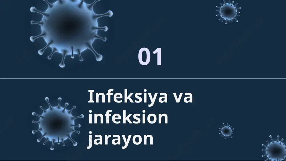 engil og’ir har qanday mikrob tarkibida zaharli modda – toksin bo’ladi. toksin mikrobning hayot faoliyati oqibatida hosil bo’lib, atrof muhitga tarqalsa – ekzotoksin deyiladi. grammusbat mikroblar ekzotoksin hosil qiladi (difteriya tayoqchasi, botulizm) . ekzotoksin oqsil moddasini saqlaydi. mikrob tanasi parchalanishi oqibatida atrof muhitga tarqaladigan bo’lsa – endotoksin deyiladi. grammanfiy mikroblar endotoksin ajratadi (vabo vibrioni, ich terlama mikrobi). tananing mikrob kirib, tarqaladigan joyi – infeksiyaning kirish darvozasi (ikd) deyiladi. masalan: gripp, qizamiq, suvchechak, ko’kyo’tallarda ikd – yuqori nafas yo’llari. ichak infeksiyalari uchun ikd – og’iz orqali. yuqumli kasalliklarning tanaga tushgan mikrob qonga o’tishi bakteremiya deyiladi. zoonoz kasalliklar yuqumli kasalliklarning turlari antroponoz kasalliklar antropozoonoz kasalliklar yuqumli kasalliklarda mikrob qayerda joylashishiga qarab quyidagi guruhlarga bo’linadi: 1.ichak infeksiyalari. 2. nafas yo’llari infeksiyalari. 3. qon orqali yuqadigan infeksiyalar. 4. tashqi qoplam (teri) orqali yuqadigan infeksiyalar. 5. turli yo’llar bilan yuqadigan infeksiyalar. “boshqariladigan infeksiyalar” bu guruhga emlash yo’li bilan oldini olish mumkin bo’lgan yuqumli kasalliklar kiradi. …
