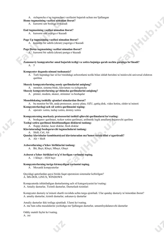 anning nusxasini oladi va uni almashish buferiga joylaydi delete tugmasining vazifasi nimadan iborat? 1. kursordan keyingi (o‘ng tomondagi) belgini o‘chiradi numlock tugmasining vazifasi nimadan iborat? 1. qo‘shimcha tugmalarni raqamlarni kiritish tartibidan kursorni boshqarish tartibiga o‘tkazadi yoki aksincha kontekstli menyu tugmasining vazifasi nimadan iborat? 1. sichqoncha o‘ng tugmachasi vazifasini bajarish uchun mo‘ljallangan home tugmasining vazifasi nimadan iborat? 1. kursorni satr boshiga o‘tkazadi end tugmasining vazifasi nimadan iborat? 1. kursorni satr oxiriga o‘tkazadi page up tugmasining vazifasi nimadan iborat? 1. kursorni bir sahifa (ekran) yuqoriga o‘tkazadi page down tugmasining vazifasi nimadan iborat? 1. kursorni bir sahifa (ekran) pastga o‘tkazadi zamonaviy kompyuterlar amal bajarish tezligi va xotira hajmiga qarab nechta guruhga bo‘linadi? 1. 5 kompyuter deganda nimani tushunasiz? 1. turli hajmdagi har xil ko‘rinishdagi axborotlarni tezlik bilan ishlab berishni ta’minlovchi universal elektron qurilma shaxsiy kompyuterlarning asosiy qurilmalarini aniqlang? 1. monitor, sistema bloki, klaviatura va sichqoncha shaxsiy kompyuterlarning qo‘shimcha qurilmalarini aniqlang? 1. printer, modem, …