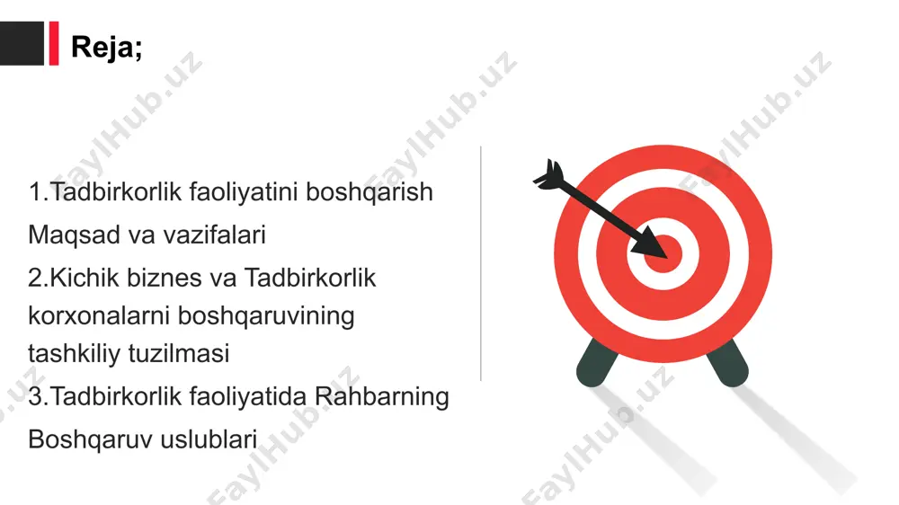 bo'ladi; - boshqariluvchi ob'ekt ishiga kami kishi aralashadi; - vazifalar tez hal etiladi; - butun tizim samarali ishlaydi; - xodimlar faqat õz rahbariga hisobot beradilar. biznes foydali yoki foydasiz bo'lishi mumkin, bu sizga yollanma mehnatdan foydalanish yoki mustaqil ravishda biznes yuritish imkonini beradi, o'z yoki qarz mablag'lari hisobidan amalga oshiriladi, lekin u foyda olish maqsadiga (yoki boshqa shakllarda) asoslanishi kerak. daromad). asosan, bu ishlab chiqarish, sotish, xizmat ko'rsatish va boshqa faoliyatni o'z ichiga olgan turli tashkiliy-huquqiy shakllar doirasidagi "ish"dir. boshqaruv shartlariga ko'ra quyidagilar mavjud: kichik; o'rtacha; katta biznes. zamonaviy biznes turli yo'nalishlarga va amalga oshirish imkoniyatlariga ega. tadbirkorlik turini aniqlashning asosiy mezonlari quyidagilardir: xodimlar soni, daromadlari, kapitaldagi uchinchi shaxslarning ulushi. rahbarning boshqaruv uslubi deganda, boshqaruv jarayonida kelib chiqadigan muammolarni hal qilish usullarini majmui tushuniladi. rahbarning boshqaruv uslubi deganda, boshqaruv jarayonida kelib chiqadigan muammolarni hal qilish usullarini majmui tushuniladi. kichik biznes va tadbirkorlikda rahbarlikning quyidagi boshqaruv usullaridan foydalaniladi: 1. xõjalik ishlaridagi …