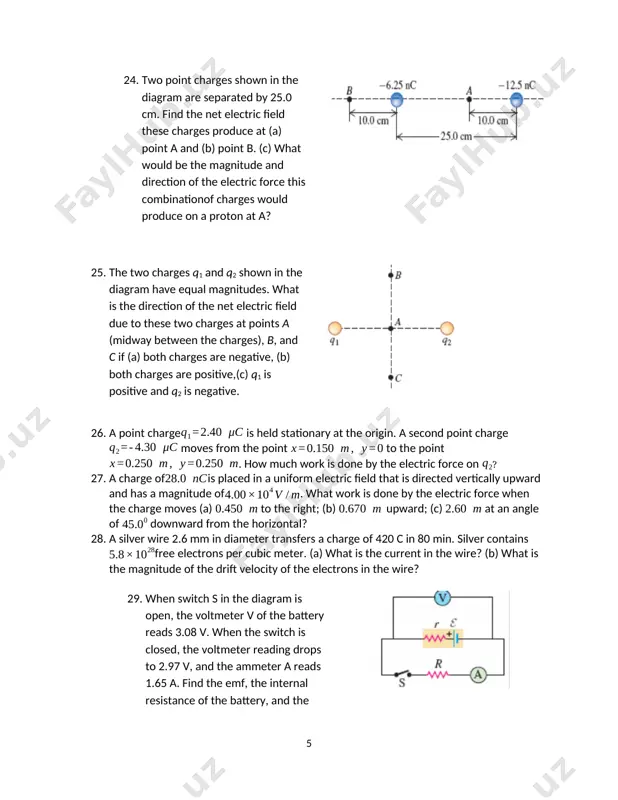 much work is done by the electric force on ? 27. a charge ofis placed in a uniform electric field that is directed vertically upward and has a magnitude of. what work is done by the electric force when the charge moves (a) to the right; (b) upward; (c) at an angle of downward from the horizontal? 28. a silver wire 2.6 mm in diameter transfers a charge of 420 c in 80 min. silver contains free electrons per cubic meter. (a) what is the current in the wire? (b) what is the magnitude of the drift velocity of the electrons in the wire? 29. when switch s in the diagram is open, the voltmeter v of the battery reads 3.08 v. when the switch is closed, the voltmeter reading drops to 2.97 v, and the ammeter a reads 1.65 a. find the emf, the internal resistance of the battery, …