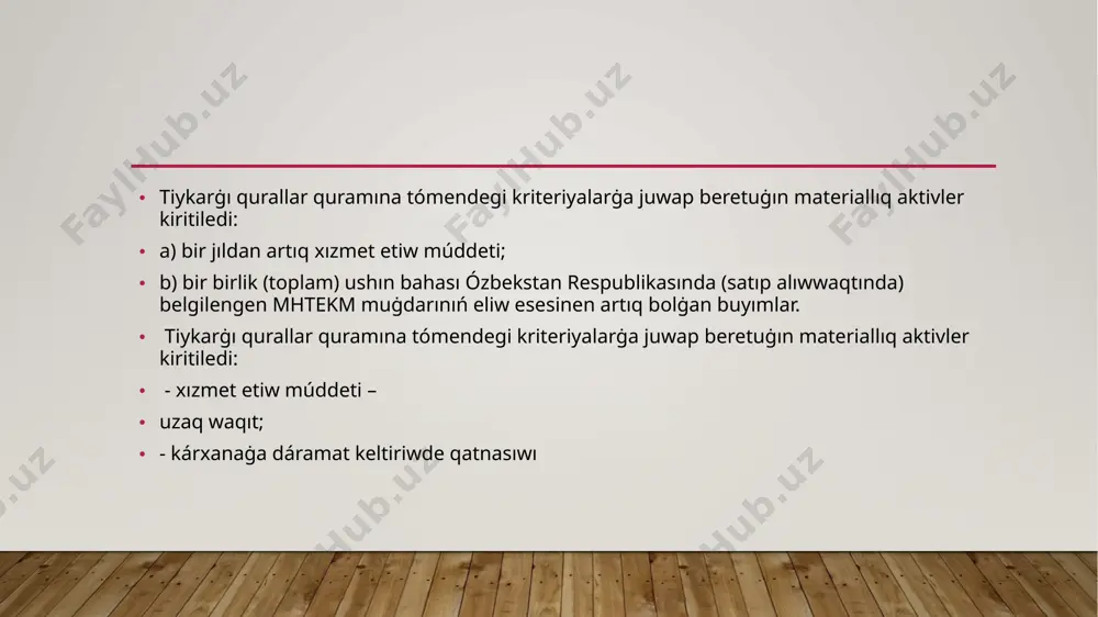 arlıq eskirgen detallar hám uzellerdi almastırıw yaki tiklew hám de agregattı jıynaw, sazlaw hám sınap kóriw bolıp tabıladı. tiykarg’i qurallardin’ eskiriwi boyinsha sintetik esabi 02 “tiykarg’i qurallardin’ eskiriw ” sshyotinda to’mendegi subsshyotlarg’a bo’lingen halda sawlelenedi : -020 “turar -jay jaylardıń tozıwı”; - 021 “noturar jay jaylardıń tozıwı”; - 022 “imaratlardıń tozıwı”; - 023 “mashina hám úskenelerdiń tozıwı”; - 025 “transport qurallarınıń tozıwı”; - 029 “basqa tiykarǵı qurallardıń tozıwı”. itibárińiz ushin raxmet! image2.jpeg image3.jpeg image4.jpeg image1.jpg /docprops/thumbnail.jpeg