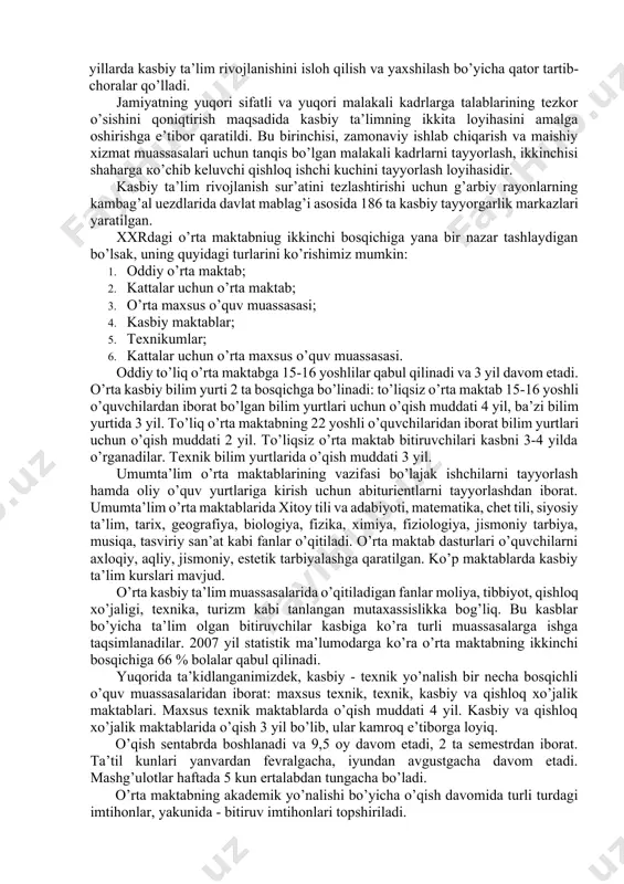 a, biologiya, tabiatshunoslik, san’at, mehnat, 3-sinfdan boshlab chet tilli kabi fanlar kiradi. · boshlang’ich ta’limda o’quvchilarga vatanga, xalqqa, mehnatga, ilm-fan va o’zlarida mavjud bo’lgan sotsialistik tuzumga mehr-muhabbat tuyg’usi singdiriladi. o’qish, yozish, hisoblash, tabiat va jamiyat haqidagi boshlang’ich bilimlar beriladi, mustahkam o’quv malakalari hosil qilinadi, o’quvchilarning jismoniy va aqliy rivojlavishiga katta e’tibor beriladi. fanlar ichida ona tili va matematikaga alohida urg’u beriladi. shuningdek, o’quvchilar 4-sinfdan boshlab, 1 yilda 2 hafta ferma va ustaxonalarda ishlaydilar, hamda haftaning 1 kuni albatta sinfdan tashqari tadbir va jamoat ishlarida qatnashadilar. 2007 yilgi statistik ma’lumotlarga ko’ra xitoyda 400 ming boshlang’ich maktab mavjud bo’lib, unda 120 milliondan ortiq o’quvchilar boshlang’ich ta’lim olmoqda. bu 99,52%ni tashkil etadi. xxrning “majburiy ta’lim haqidagi qonun”iga ko’ra ta’lim bepul, faqat o’quv darsliklari, daftar va o’quv qurollari uchun haq olinadi, xolos. bepul ta’lim hisoblangan boshlang’ich ta’lim muassasalari davlat tasarrufida bo’lib, o’quvchilar yashash manziliga ko’ra qabul qilinadi. qishloq va tog’li hududlarda joylashgan maktablarning pedagogic …