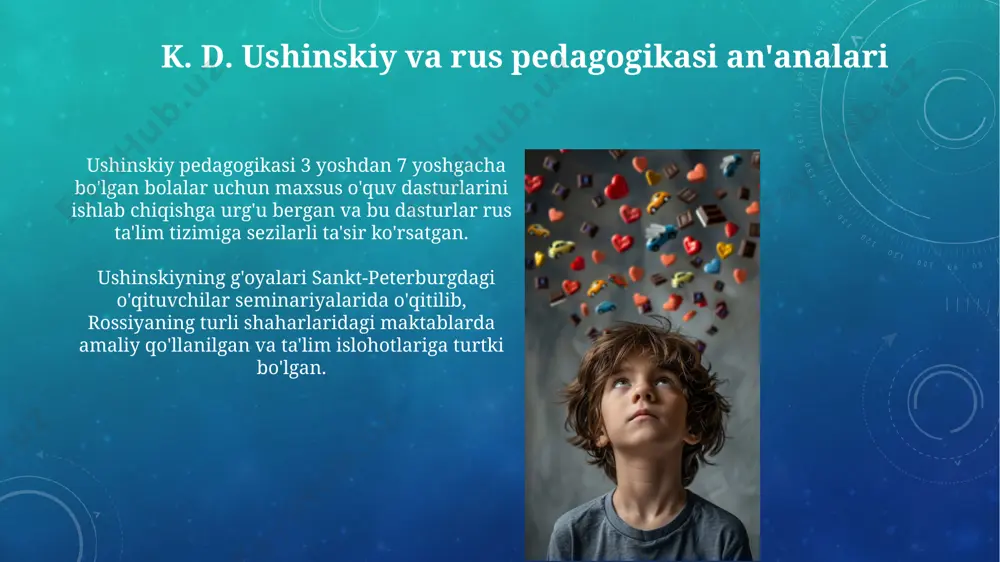 iy moyilligini inobatga olish zarurligini ta'kidlashgan, ammo kant ratsionalizmga, pestalotsi esa senzualizmga yaqinroq bo'lgan. ularning pedagogik tizimlari 2 ta farqli yondashuvni namoyon qiladi. kantning 3 asosiy qoidasi (o'z-o'zini tarbiyalash, ijtimoiy normalarga bo'ysunish va axloqiy qoidalarga amal qilish) pestalotsi (tabiat bilan muloqot, hissiy rivojlanish, mehnat tarbiyasi) pedagogikasidan tubdan farq qiladi. zamonaviy pedagogika va bolalar tarbiyasi zamonaviy pedagogika, 21-asrning boshida 30 dan ortiq mamlakatlarda, jumladan, o'zbekiston va rossiyada, bolalar tarbiyasida individual yondashuvni targ'ib qilmoqda. o'zbekistonning qishloq hududlarida 2022-yilda o'tkazilgan tadqiqotlar shuni ko'rsatdiki, zamonaviy pedagogika tamoyillarini qo'llash bolalarning o'qishga bo'lgan qiziqishini 15% ga oshirgan. e'tiboringiz uchun rahmat @taqdimot_robot image3.png image4.jpg image5.jpg image6.jpg image7.jpg image8.jpg image9.jpg image10.jpg image11.jpg image12.jpg image13.jpg