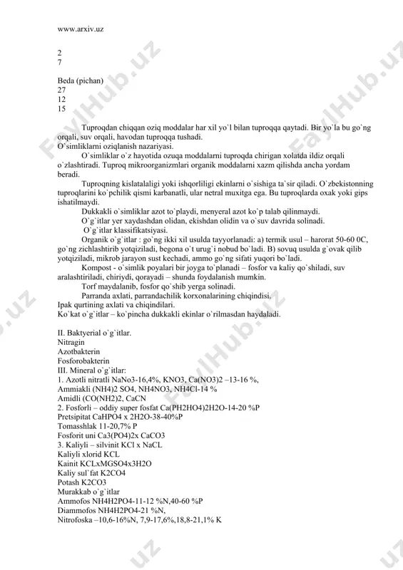 . i. v. sheraliev. a. axadova. m. a. “o`rta osiyo o`simliklari marfalogiyasi” sop, tipo, t.: 1991 6. buro`gin. v. a. jongurazov. f. x. botanika “o`qituvchi” t.: 1977. 7. dаlаkьyan v, аsаnov r, kim l - kormа uzbekistаnа-t.mexnаt.1986 8. кursanov. v. a. кamarniskiy n. a va bosh.- botanika “o`qituvchi” 1977. i ii tom. 9. mirzayev o`, xudoyberganov –yem-xashak yetishtirish, andijon, 2003 10. prаkticheskoe rukovodstvo po texnologii uluchsheniya i ispolьzovаniya prirodnix kormovo`x ugodiy аridno`x rаyonov strаno` m.v.o. аgrpromizdаt 1988 11. rogov m.s. - zeleno`y konveyer m.аgropromizdаt 1985 12. soxabiddinov. s. “o`simliklar sistematikasi” i ii bob. “o`qituvchi” t.: 1976. 13. skoblin g.s. i skoblinа v.i. - lugovoe i polevoe kormoproizvodstvo m. аgropromizdаt, 1988. 14. sprаvochnik po kormoproizvodstvu m. аgropromizdаt 1985 15. ten. а. g. - kormoproizvodstvo m. kolos 1982. 16. tyuldyukov v - prаktikum po lugovomu kormoproizvodstvu - m. kolos 1986 17. hamdamov i, shukrullaev p va boshqalar- botanika asoslari “mehnat” t.: 1990. …