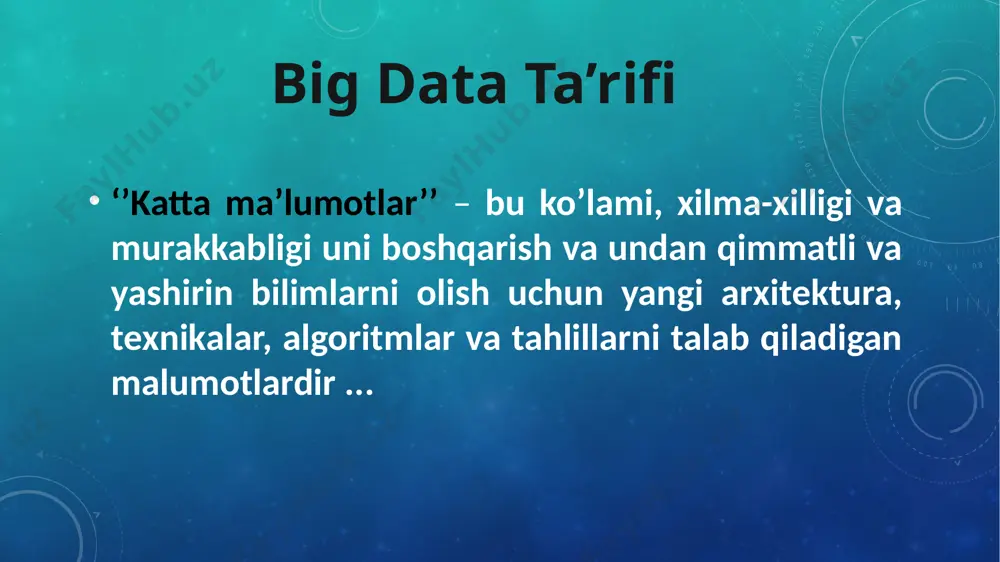 bilan o’lchanadi. 2. velocity (tezlik) – ma’lumotlar doimiy ravishda yangilanadi, bu esa doimiy ishlov berishni talab qiladi. 3. variety (xilma-xillik) – xilma-xil ma’lumotlar turli xil formatlarga ega bo’lishi mumkin, tizimlangan yoki tizimlanmagan bo’ladi. big dataning funksiyalari va vazifalari funksiyalari vazifalari big data – qayta ishlanmagan ma’lumotlar to’plami doimiy ravishda yangilanib turadigan katta hajmdagi ma’lumotlarni saqlash va boshqarish data mining – ma’lumotlarni qayta ishlash va tizimlashtirish jarayoni, qonuniyatlarni aniqlash uchun tahlil bosqichi umumiy mahrajga kelish uchun turli xil ma’lumotlarni tizimlashtirish, yashirin va noaniq bog’liqliklarni qidirish machine learning – tahlil jarayonida aniqlangan bog’liqlik asosida mashinali o’qish jarayoni qayta ishlangan va tizimlashtirilgan ma’lumotlarga asoslanib tahlil qilish va prognozlash katta ma’lumotni kim ishlab chiqaradi? tarmoqlar va ijtimoiy tarmoqlar ilmiy asboblar mobil qurilmalar sensor texnologiyasi va tarmoqlari katta hajmli ma’lumot manbalariga quyidagilar kiradi: internet – ijtimoiy tarmoqlar, bloglar, forumlar, saytlar va buyumlar interneti. korparativ ma’lumotlar – tranzaktsion biznes ma’lumotlar, arxivlar va ma’lumotlar bazalari qurilmalardan o’qishlar …