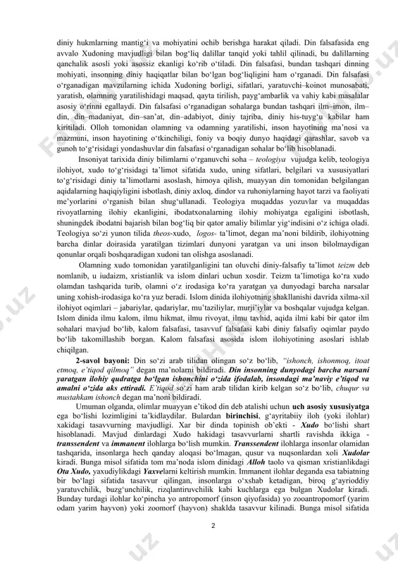 i, milliy g‘oya, axloqshunoslik, nafosatshunoslik, arxeologiya va boshqa ijtimoiy fanlar bilan bevosita bog‘liqdir. dinshunoslikni ilmiy asosda o‘rganishda uning din fenomenologiyasi, din sotsiologiyasi, din psixologiyasi, din falsafasi kabi sohalariga asosiy e’tibor qaratiladi. dinning ko‘zga ko‘rinuvchi, tashqarida aks etuvchi jihatlarini o‘rganuvchi ilm sohasi “din fenomenologiyasi” deyiladi. din fenomenologiyasi turli dinlarning ibodat va marosimlarini, muqaddas joy, zamon, narsa va shaxsiyatlarini tadqiq qilib, mushtarak jihatlarini topishga harakat qiladi. din sotsiologiyasining asosiy mavzusi, jamiyatning asosiy shakllari va dinning tashqi ko‘rinishlari bilan ijtimoiy jarayonlar, ularning tuzilishi va qonuniyatlarini o‘rganishdan iboratdir. din sotsiologiyasi, jamiyat va diniy ilmlarning taraqqiyotini o‘zaro bog‘liqlikda o‘rganadi. dinshunoslikning yana bir sohasi, din psixologiyasi insonga oid bo‘lgan diniy hayotning turli jihatlarini psixologik jihatdan o‘rganadi. insonning diniy his-tuyg‘usi va yashash tarzi din psixologiyasining asosiy mavzusi bo‘lib hisoblanadi. din psixologiyasi insonda din tuyg‘usi va hissiyotining qanday qilib kelib chiqqanligi va shakllanishini o‘rganadi. dinshunoslik fani o‘rganadigan asosiy sohalardan yana biri din falsafasi bo‘lib, u “din”ni falsafadan kelib …