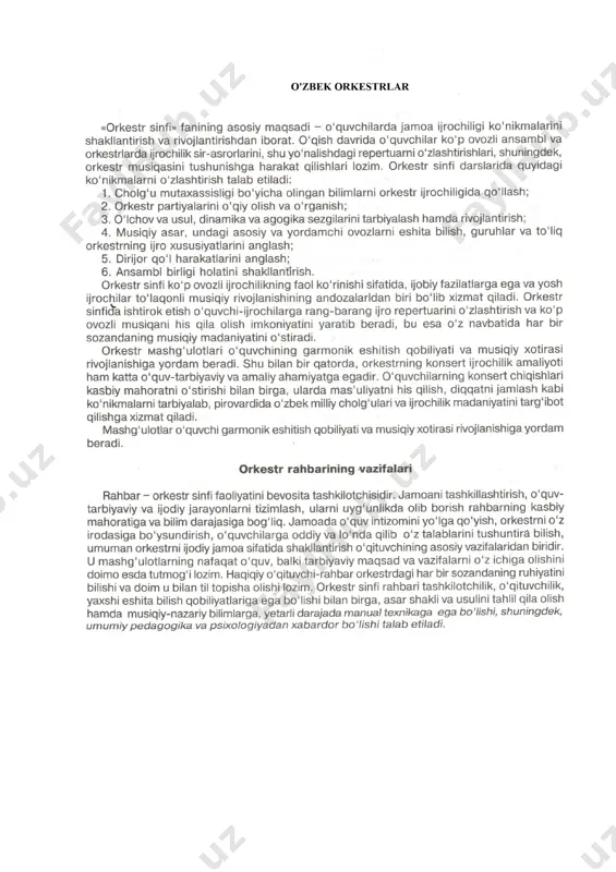 2009. 3. f. abdurahimova. “orkestr sinfi” t., 2016. 4. toshmatov e. “dirijorlik” t., o’zbekiston faylasuflari milliy jamiyati nashriyoti 2008. 5. azimov b. “dirijorlik amaliyoti” t., 2010. 6. azimov k. “o’zbekiston dirijorlari” t., kelberg-osiyo, 2001. 7. abdurahimova f. “anvar liviyev” t., 2004. 8. qodirov r. “musiqa psixologiyasi” t., 2005. 9. mamadjonova e. “o’zbek musiqa adabiyoti” t., 2010. 10. nazarov o. “qashqar rubobi o’qitish uslubiyoti” t., 2008. 11. s. rahimova o’zb. davlat konservatoriyasi. 12. a. ro’ziqulov metodik qo’llanma 2009 yil. 13. `i. akbarov musiqa lug’ati. toshkent 1997-yil. 14. apraksina o.a. metodika muzika vospitaniya v shkole. 15. vahromeyev v.a. musiqaning elementar nazaryasi toshkent 1980 yil. 16. vahromeyeva t.a. muzgramota toshkent 2004 17. ibrohimov o.a . o’zbek xalq musiqa ijodi toshkent 1994 18. mirzayeva h.a. honandalik uslubiyoti asoslari. toshkent 2008 19. qahhorov n.b. vokal asoslari o’quv qo’llanma toshkent 2008 20. bahriyev a.r o’quvchilarda musiqiy idrokni shakllantirish (xalq ta’limi) 2002 21. bahriyev a.r. musiqiy idrokni …