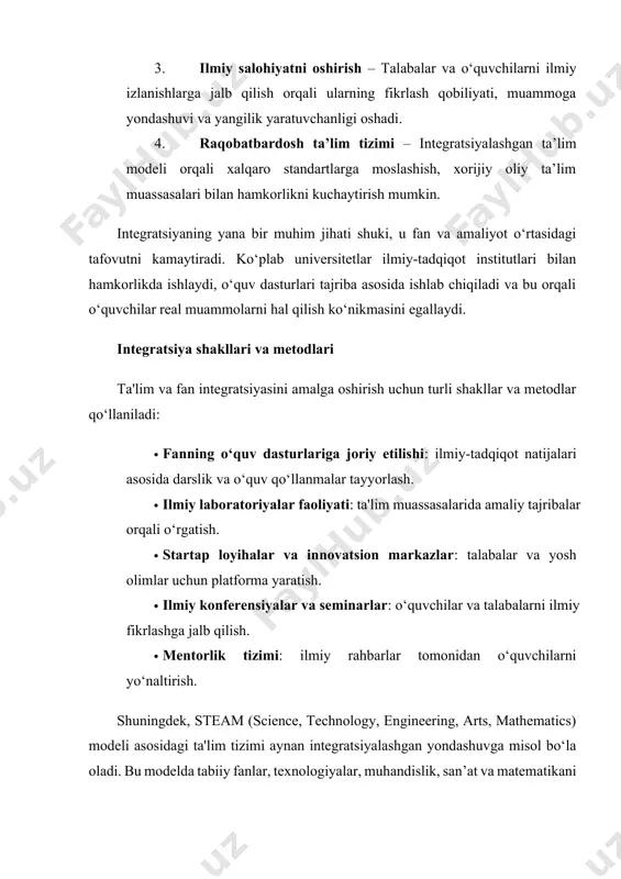 lajakda ta’lim va fan o‘rtasidagi bog‘liqlik yanada chuqurlashadi. zero, har qanday innovatsiya, taraqqiyot, ijtimoiy islohotlar zamirida aynan ilm-fan yutuqlari, ularning ta’lim orqali ommalashuvi yotadi. shu sababli har bir ta’lim muassasasi integratsiyalashgan yondashuvni o‘z faoliyatining ustuvor yo‘nalishi sifatida belgilashi lozim. bugungi kunda dunyo bo‘ylab taʼlim va fan o‘rtasidagi integratsiya jarayoni tobora jadallashib bormoqda. bunga sabab – global raqobatning kuchayishi, texnologik taraqqiyotning tezlashuvi, bilim va axborotning sur’ati bilan yangilanib borayotgan zamonaviy jamiyat ehtiyojlaridir. shu sababli zamonaviy taʼlim tizimi o‘z oldiga nafaqat an’anaviy bilim berishni, balki talabalarni ilmiy fikrlash, mustaqil izlanish, ijodiy yondashuv, yangilik yaratishga o‘rgatishni asosiy maqsad qilib qo‘yadi. zamonaviy jamiyatning ta’lim va fan integratsiyasiga qo‘ygan talablari 1. innovatsion salohiyatni oshirish – zamonaviy iqtisodiyot bilimga asoslangan iqtisodiyotga aylangan bir paytda, taʼlim faqat anʼanaviy bilim emas, balki ilm-fan, texnologiya, innovatsiya va ixtirochilik faoliyatini rivojlantirish platformasiga aylanishi kerak. 2. mehnat bozoriga moslashuvchan kadrlar tayyorlash – raqamli iqtisodiyot sharoitida taʼlim muassasalari fan yutuqlari asosida mutaxassis …
