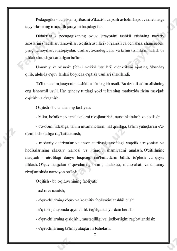 qilish va baholash. o'qitish samaradorligi o'quvchilar bilan o'zaro munosabatda bo'lishni va birgalikda va mustaqil faoliyatni tashkil qilishni ham o'z ichiga oladi. mening inshomning maqsadi: turli didaktik muammolarni hal qilishda talabalarning o'quv va kognitiv faoliyatini tashkil etish bo'yicha o'qitish usullarini o'rganish va qo'llash. i. _ o'qitish usullarining tasnifi usullarni quyidagi asoslar bo'yicha tasniflash taklif etiladi: bilim manbasiga ko'ra (og'zaki, ko'rgazmali va amaliy usullar mavjud, chunki so'z, tasvir va tajribadan tashqari boshqa manbalar mavjud emas); o'qitishning tegishli bosqichida, ularning har birida aniq vazifalar hal qilinadi (o'quvchilarni materialni o'rganishga tayyorlash usullariga yo'naltirish, qiziqish uyg'otish, kognitiv ehtiyojlar, asosiy bilimlarni, zarur ko'nikma va ko'nikmalarni yangilash; o'rganish usullari; yangi material; bilimlarni konkretlashtirish va chuqurlashtirish usullari, ma'lum bo'lganlardan foydalanishga yordam beradigan amaliy ko'nikmalarni egallash; o'quv natijalarini kuzatish va baholash usullari); o'quv faoliyatini boshqarish uslubiga ko'ra - to'g'ridan-to'g'ri yoki bilvosita (o'qituvchiga tushuntirish usullari va talabalarning mustaqil ishlarini tashkil etishning turli usullari mavjud); o'quv jarayoni mantig'iga ko'ra (induktiv va …