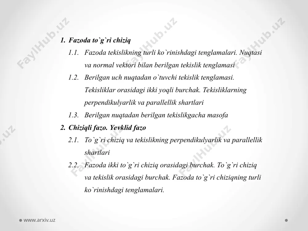 o`rinli bo`lib, ν = (μa, μb, μc) vektorning birlik vektor va uning koordinata o `qlaridagi sonli proektsiyalari, mos ravishda quyidagilarga μ a = cos α, μ b = cos β, μ c = cos γ tengligini payqash qiyin emas. agar tekislik umumiy ko `rinishdagi tenglamasi bilan berilgan bo `l- sa, tenglama shaklidan tekislikning o `zi haqida quyidagilarni aniqlash mumkin: 1) agar d = 0 bo`lsa, a x + b y + c z = 0 tekislik koordinata boshidan o`tadi; 2) n = (a, b, c) vektor t tekislikka perpendikulyar, ya`ni tekislikning normal vektoridir, chunki u ν = (μa, μb, μc) vek- torga kollinear: μν = ν. umumiy tenglamaning xususiy hollarini tahlil qilish mumkin. agar c = 0 bo`lsa, ax + by + d = 0 tenglama bir tomondan x0u koordinatalar tekisligida to `g`ri chiziqni ifodalasa, r 3 fazoda to`g`ri chiziqdan o`tib, x0u koordinatalar tekisligiga perpendikulyar yoki 0z applikata o`qiga parallel …