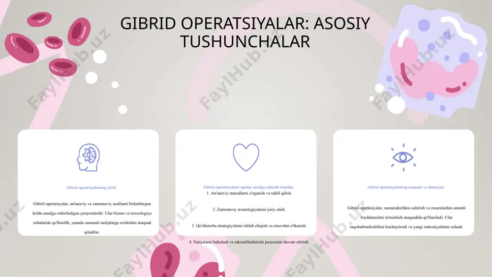 asida ma'lumotlar urushi va kiber hujumlar keng tarqalgan. zamonaviy gibrid operatsiyalar zamonaviy gibrid operatsiyalar harbiy va fuqarolik sohalarida keng tarqalgan innovatsion strategiyalarni o'z ichiga oladi. harbiy sohada kiber hujumlar va psixologik operatsiyalar orqali raqobatchilarni chalkashtirishga qaratilgan harakatlar mavjud. fuqarolik sohasida esa iqtisodiy sabotaj va axborot tarqatish kabi vositalar qo'llaniladi. ushbu operatsiyalar strategik maqsadlarni amalga oshirishda muhim ahamiyatga ega bo'lib, global xavfsizlik muammolarini yanada murakkablashtiradi. zamonaviy gibrid operatsiyalar, shuningdek, maqsadli manipulyatsiyalarni amalga oshirish va tezkor reaksiya ko'rsatish imkoniyatini taqdim etadi. gibrid operatsiyalarning kelajagi gibrid operatsiyalarning kelajagi texnologik rivojlanish bilan chambarchas bog'liq. - **texnologik rivojlanish**: sun'iy intellekt va ma'lumotlar tahlili kabi yangi texnologiyalar gibrid operatsiyalarni yanada samarali va tezkor qilish imkonini beradi. - **xavf-xatarlar**: kiberhujumlar va ma'lumotlarning xavfsizligi bilan bog'liq muammolar gibrid operatsiyalarni boshqarishda muhim ahamiyatga ega. - **imkoniyatlar**: gibrid operatsiyalar raqobatbardosh ustunliklar yaratish va yangi bozor imkoniyatlarini ochish imkonini beradi. gibrid operatsiyalarni rivojlantirishda xavf-xatarlarni boshqarish va imkoniyatlarni optimal tarzda foydalanish muhimdir. …