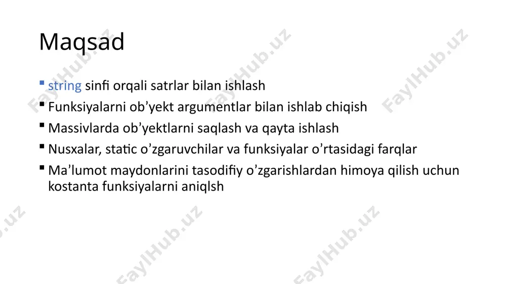rlarni c-string satrlari orqali ham yaratish mumkin. bunda string konstruktori ishlga tushadi. char s1[ ] = “xayrli tong”; stirng s(s1); bu yerda s1 c-string va s stirng ob’yekti. satrlarni ulash satrlarga yangi satrlarni qo’shish uchun turli xil qayta yuklangan funksiyadan foydalanish mumkin: misol satrni ta’minlash satrga qiymat ta’minlash uchun assign() funksiyasidan foydalaniladi: misollar at, clear, erase va empty funksiyalari misollar length, size, capacity va c_str() funksiyalari misollar satrlarni taqqoslash misollar qismsatrlarni ajratib olish misollar satrda qidirish misollar satrlarda qo’shish va almashtirish misollar satr operatorlari misollar sonlarni satrlarga o’tkazish sonlarni satrlarga o’tkazish olingan xulosalar c++ da string sinfi belgilar massivini inkapsulyatsiyalaydi va append, assign, at, clear, erase, empty, length, c_str, compare, substr, find, insert, replace kabi ko’plab funksiyalar bilan ishlashni ta’minlaydi. satrlar bilan ishlashni osonlashtirishda c++ ba’zi operatorlarni qo’llab quvvatlaydi( [], =, +, +=, >, ==, !=, , >= ). bo’shliq belgisi bilan tugaydigan satrni kiritish uchun cin operatoridan foydalanish mumkin. …