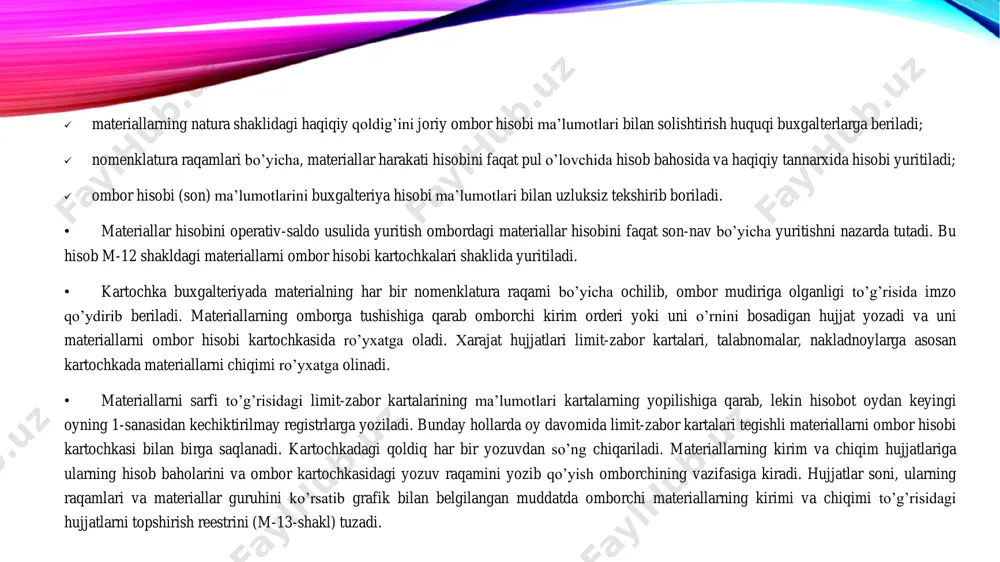 haqiqiy tannarx bo’yicha baholanadi. ortiqcha chiqqan qiymatliklar operatsion daromad va tushumlarni ko’paytirish yo’li bilan kirimga olinadi: dt 1010 «materiallar schyotining tegishli schyotlari, kt 9390 «boshqa operatsion daromadlar» schyoti. • inventarizatsiya o’tkazish natijasida aniqlangan moddiy boyliklarning har qanday kamomadi (asosiy vositalardan tashqari) 9220 «boshqa aktivlarning sotilishi va boshqacha chiqib ketishi» schyoti orqali rasmiylashtiriladi. deylik, korxonada balans qiymati 1800000 so’mlik xom ashyo va materiallar yetishmasligi aniqlandi. ushbu kamomad summasi quyidagi yozuv bilan rasmiylashtiriladi: d-t 9220 boshqa aktivlarning sotilishi va boshqacha chiqib ketishi - 1800000 so’m, k-t 1010 xom ashyo va materiallar schyoti - 1800000 so’m. • ushbu kamomadning tabiiy kamayish me’yori 15 foiz bo’lib, 270000 so’mni tashkil etgan bo’lsa, material resurslarining tabiiy kamayish normasi doirasidagi kamomadi va nobudgarchiligi material xarajatlari tarkibiga kiritilib mahsulot tannarxiga quyidagi yozuvlar bilan o’tkaziladi: d-t 2010, 2310, 2510 va boshqa schyotlar - 270000 so’m, k-t 9220 «boshqa aktivlarning sotilishi va boshqacha chiqib ketishi» - 270000 so’m. • tabiiy …