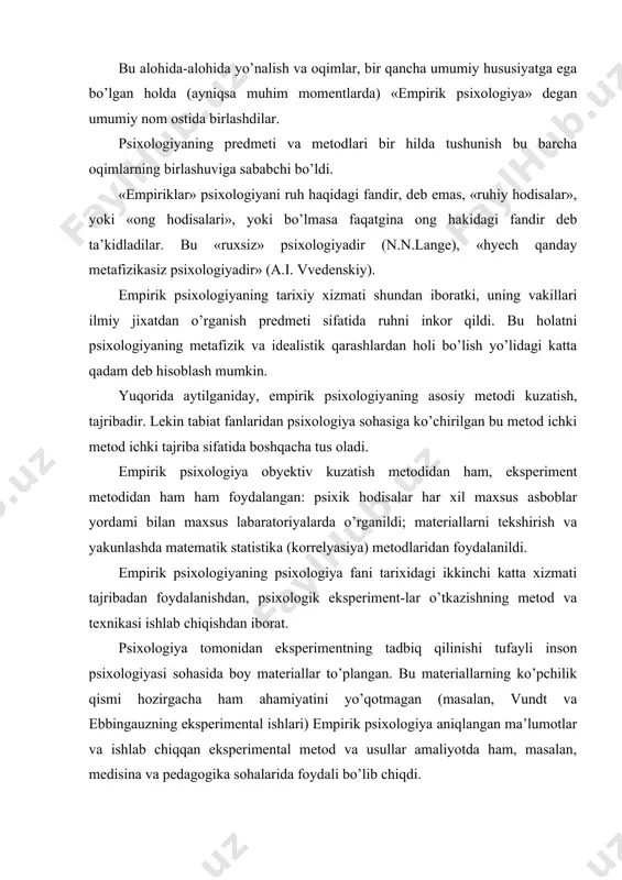 perimental ishlari) empirik psixologiya aniqlangan ma’lumotlar va ishlab chiqqan eksperimental metod va usullar amaliyotda ham, masalan, medisina va pedagogika sohalarida foydali bo’lib chiqdi. adabiyotlar: 1. karimova v. m. «psixologiya» t.sharq 2002y. 2. g’oziyev e. g’. «umumiy psixologiya» 1-2 tom. toshkent-2002y. 3. ivanov p.i., zufarova m. «umumiy psixologiya» t.: o’zbekiston faylasuflar milliy jamiyati, 2008 yil 4. xaydarov f.i., xalilova n.i. «umumiy psixologiya» t.: fan va texnologiyalar 2010 yil 5. davletshin m.g. «umumiy psixologiya» t.: tdpu 2002 6. klimov ye.a «psixologiya» spb.: rech 2000. 7. shakirova g.m. “obщaya psixologiya” t.: tgpu 2000. 8. psychology as the behaviorist views it john b. watson (1913) first published in psychological review, 20, 158-177