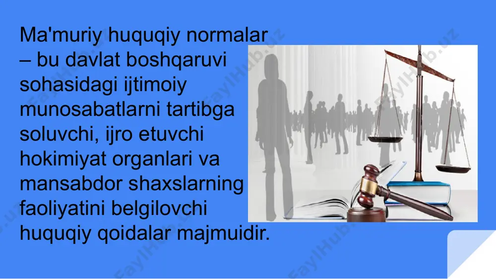tish tartibini belgilaydi. ularning vazifasi moddiy ma’muriy huquq normalari bilan belgilangan yuridik huquqlar va majburiyatlarning tartibga solinayotgan boshqaruvga oid munosabatlar doirasida amalga oshirilish tartib-taomillarini belgilashdan iborat. ma’muriy-huquqiy normalar majburiyat yuklash shakliga ko‘ra avvalo imperativ (qat’iy) va tavsiyaviy ma’muriy-huquqiy normalarga bo‘linadi. imperativ normalar subyektlar xulq-atvorini bevosita belgilovchi qoidalardan iborat bo‘lib, ular mazkur huquqiy munosabat ishtirokchilarining kelishuviga binoan boshqa xulqatvor qoidalari bilan almashtirilishi mumkin emas. tavsiyaviy normalar ma’muriy huquq subyektlariga u yoki bu harakatlarni bajarish maqsadga muvofiqligi xususida beriladigan tavsiyalardan iborat. ma’muriy-huquqiy normalar makonda (hududda) amal qilishiga ko‘ra o‘zbekiston respublikasining butun hududida, shu jumladan qoraqalpog‘iston respublikasi hududida amal qiladi. ma’muriy-huquqiy normalar vaqt bo‘yicha ham amal qiladi. odatda, ma’muriy-huquqiy normalarning amal qilish muddatlari cheklanmaydi. bu ularning rasmiy darajada o‘zgartirilgunga yoki bekor qilingunga qadar amal qilishini anglatadi. ba’zi hollarda ularning amal qilish muddatlari aniq belgilanishi mumkin, masalan, favqulodda yoki harbiy holat muayyan muddatga belgilanadi. ma’muriy-huquqiy normalar ular ifodalangan normativ hujjatlar imzolangan sanadan e’tiboran, yoki …