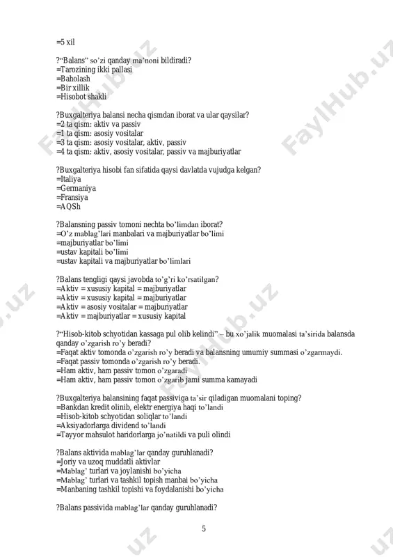 tlar bo’limi =ustav kapitali bo’limi =ustav kapitali va majburiyatlar bo’limlari ?balans tengligi qaysi javobda to’g’ri ko’rsatilgan? =aktiv = xususiy kapital = majburiyatlar =aktiv = xususiy kapital = majburiyatlar =aktiv = asosiy vositalar = majburiyatlar =aktiv = majburiyatlar = xususiy kapital ?“hisob-kitob schyotidan kassaga pul olib kelindi” – bu xo’jalik muomalasi ta’sirida balansda qanday o’zgarish ro’y beradi? =faqat aktiv tomonda o’zgarish ro’y beradi va balansning umumiy summasi o’zgarmaydi. =faqat passiv tomonda o’zgarish ro’y beradi. =ham aktiv, ham passiv tomon o’zgaradi =ham aktiv, ham passiv tomon o’zgarib jami summa kamayadi ?buxgalteriya balansining faqat passiviga ta’sir qiladigan muomalani toping? =bankdan kredit olinib, elektr energiya haqi to’landi =hisob-kitob schyotidan soliqlar to’landi =aksiyadorlarga dividend to’landi =tayyor mahsulot haridorlarga jo’natildi va puli olindi ?balans aktivida mablag’lar qanday guruhlanadi? =joriy va uzoq muddatli aktivlar =mablag’ turlari va joylanishi bo’yicha =mablag’ turlari va tashkil topish manbai bo’yicha =manbaning tashkil topishi va foydalanishi bo’yicha ?balans passivida mablag’lar qanday guruhlanadi? …