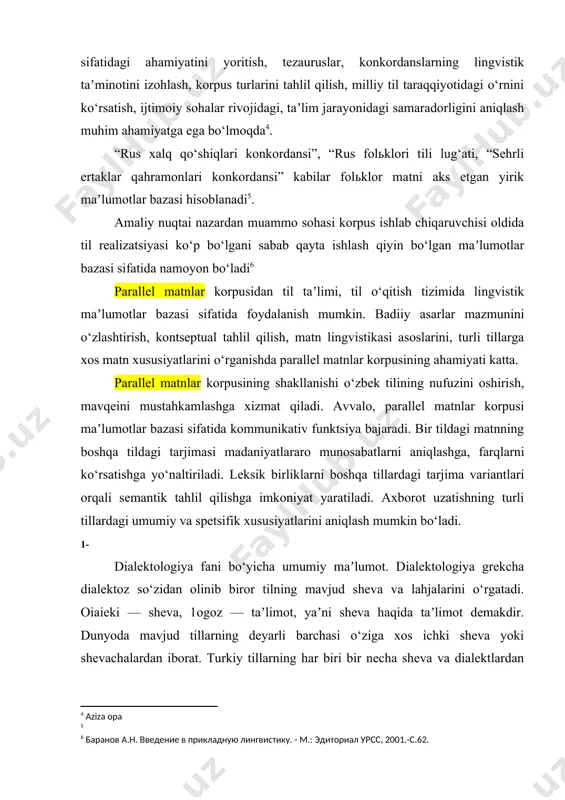 allel matnlar korpusining ahamiyati katta. parallel matnlar korpusining shakllanishi o‘zbek tilining nufuzini oshirish, mavqeini mustahkamlashga xizmat qiladi. аvvalo, parallel matnlar korpusi maʼlumotlar bazasi sifatida kommunikativ funktsiya bajaradi. bir tildagi matnning boshqa tildagi tarjimasi madaniyatlararo munosabatlarni aniqlashga, farqlarni ko‘rsatishga yo‘naltiriladi. leksik birliklarni boshqa tillardagi tarjima variantlari orqali semantik tahlil qilishga imkoniyat yaratiladi. аxborot uzatishning turli tillardagi umumiy va spetsifik xususiyatlarini aniqlash mumkin bo‘ladi. 1. dialektologiya fani bo‘yicha umumiy maʼlumot. dialektologiya grekcha dialektoz so‘zidan olinib biror tilning mavjud sheva va lahjalarini o‘rgatadi. oіaіekі — sheva, 1ogoz — taʼlimot, yaʼni sheva haqida taʼlimot demakdir. dunyoda mavjud tillarning deyarli barchasi o‘ziga xos ichki sheva yoki shevachalardan iborat. turkiy tillarning har biri bir necha sheva va dialektlardan iboratligi maʼlum. biroq o‘zbek tili turkiy tillar ichida o‘zining ko‘p shevaliligi dialektliligi bilan farqlanadi[footnoteref:7]. [7: б. тўйчибоев, б. ҳасанов ўзбек диалектологияси дарслик абдулла қодирий номидаги халқ мероси нашриёти 2004 ] korpus loyihasi – uni tuzish bosqichi, keyinchalik takomillashtirish …