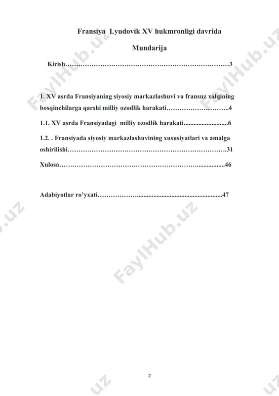 a ahamiyat kasb ettirdi; - uchinchidan, xvi asrda fransiyada siyosiy tuzum va iqtisodiy hayot boshida g’arbiy yevropa davlatlariga nisbatan ancha revojlangan edi. 1.xv asrda fransiyaning siyosiy markazlashuvi va fransuz xalqining bosqinchilarga qarshi milliy ozodlik harakati. 1.1.xv asrda fransiyadagi milliy ozodlik harakati. xv-xvii asrlarda fransiyada mavjud bo'lgan siyosiy hokimiyatning mazmuni qo'yidagi iborada o'z ifodasini topgan edi: «xudoning irodasi shuki, har qanday qaram bo'lib tug'ilga o'ylab o'tirmasdan bo'ysunmog'i lozim». fransiyada mutloq monarxiya qaror topishi bilan general shtatlar o'zini avvalgi ahamiyatini yo'qotdi. qirollarning o'ziga qolsa, vakillik organlarini butunlay yo'q qilardilar. biroq buning iloji yo'qligi uchun ularning mamlakat siyosiy hayotiga ta'sirini kamaytirishga urinar edilar. bunga erishganlar ham. angliya parlamentidan farqli o'laroq, fransiyada general shtatlar doimiy faoliyat ko'rsatuvchi davlat organiga aylana olmadi. keyinchalik u juda kamdan-kam holatlarda, faqat kuchli zarurat tug'ilgandagina chaqiriladigan bo'ldi. 1614 yildan boshlab butun xv asr davomida esa biror marta ham chaqirilmadi[footnoteref:2]. bu hodisa fransiyada qirol hokimiyati angliya qiroli hokimiyatidan ham kuchliroq …