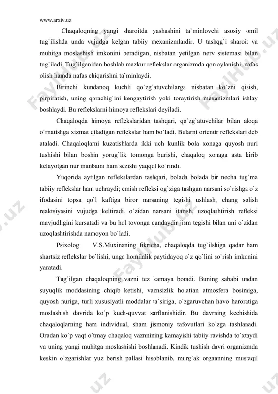 ari ko`zga tashlanadi. oradan ko`p vaqt o`tmay chaqaloq vaznnining kamayishi tabiiy ravishda to`xtaydi va uning yangi muhitga moslashishi boshlanadi. kindik tushish davri organizmda keskin o`zgarishlar yuz berish pallasi hisoblanib, murg`ak organnning mustaqil yashayotganidan dalolat beradi. chaqaloqning oldingi vazniga yetish davri hayotining birinchi o`n kunligiga to`g`ri keladi. chaqaloq organizmining anatomik- fiziologik, morfologik tuzilish bo`yicha, boshqa yoshdagi odamlarnikidan farqi ham rivojlangani, zaifligi, ish qobiliyatining kuchsizligidir. uning suyak sistemasie, pay-muskullari va tog`ay to`qimalarining o`sishi katta yoshdagi kishilarnikidan ham sur`at, ham sifat jihatidan farqlanadi. chaqaloqdagi muskullarning takomillashishi harakat negizini vujudga keltiradi; shu birga har bir biologik organning mutaqil harakati va faoliyatini ta`minlashga xizmat qiladi. bolada bo`yin muskullarining o`sishi bo`ynini tutishga olib kelsa, tana muskullarining rivojlanishi kattalar yordamida ag`anash imkonini, qo`l va oyoq muskullarining yetilishi esa jismoniy harakat qilish, jismlarga qo`l cho`zish uchun sharoit yaratadi. chaqaloqning anotamik-fiziologik tuzilishini tahlil qilsak, uning suyak sisitemasida ohak moddasi va har xil tuzlar yetishmasligining guvohi bo`lamiz. shu sababli suyak …