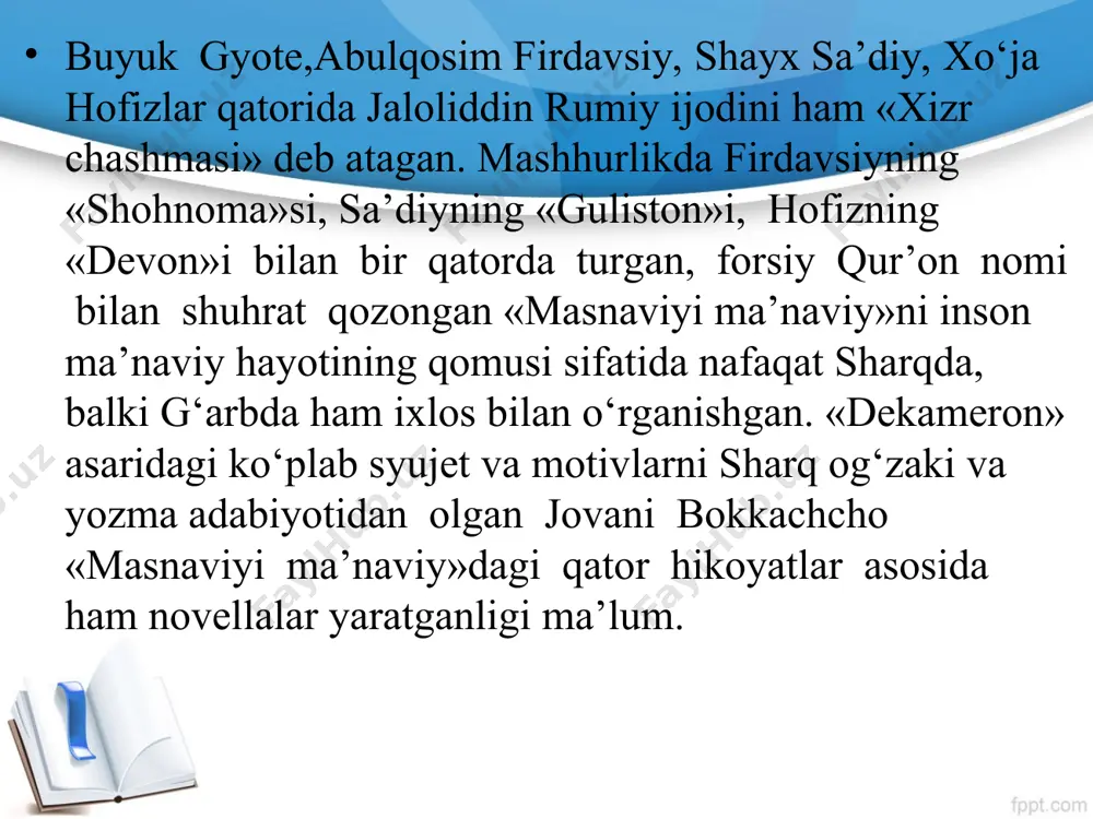 ida otadan yetim qoladi. . fors tojik adabiyotida sa’diyning maqomi juda yuksak. xususan, boy hayotiy tajriba asosida yaratgan «bo‘ston» (1257) va«guliston» (1258) asarlari unga olamshumul shuhrat keltirdi. «bo‘ston» o‘n qismdan iborat bo‘lib, uning tarkibiy tuzilishi quyidagicha: hamd; na’t; kitobning yozilish sababi; abu bakr bin sa’d bin zangiy madhi; sa’d bin abu bakr bin sa’d madhi; birinchi bob — odilligu tadbiru andisha zikrida; ikkinchi bob — ehson zikrida; uchinchi bob — ishqu oshiqligu mastlik zikrida: to‘rtinchi bob — tavoze’ zikrida; beshinchi bob — rizo zikrida; oltinchi bob – qanoat zikrida; yettinchi bob tarbiyat olami zikrida; sakkizinchi bob — shukru omonlik zikrida; to‘qqizinchi bob — tavba va savob yo‘li zikrida; o‘ninchi bob — munojot va kitob xotimasi zikrida. «guliston» — fors-tojik didaktik adabiyotining cho‘qqisi hisoblaiadi. u «pandu nasihat va odob-axloq kitobi sifatida shuhrat qozongan... umrining ko‘p qismini sayohatlarda o‘tkazgan, ko‘p xalqlar, millatu elatlar hayotini kuzatgan, turli tabaqa kishilari bilan muloqotda bo‘lgan sa’diy …