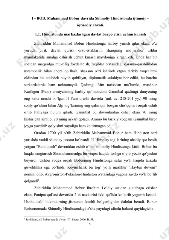 duch keldi. mamlakat shimoliy-g’arbida pushtun, kashmir, sindx, panjobiylar, g’arbiy hindistonda maratx va gujaratlar, sharqiy hindistonda bangal, oriy, assamlar, janubda andxar, malayali, jamil, kannarlar, ganga daryosi havzasida rajiston, hindistoniy, bixar qabilalari istiqomat qilar edi. bu xalqlarning dini va urf-odatlarida farqlar juda katta bo’lib, ular o’rtasida dishmanlik kayfiyati ham kuchli bo’lgan. zahiriddin muhammad bobur diplomatiyasining asosiy yo’nalishi hindistonni birlashtirish, bu yerda hukm surib kelayotgan diniy-etnik, siyosiy 1 з.м. бобур. бобурнома. –т. юлдузча, 1990. б.182. 2 қудратиллаев ҳ. ҳиндистонда бобурийлар сулоласи салтанати. –т. ўқитувчи, 1996. б.144. ziddiyatlarni bartaraf etish, shavqatsiz odatlar (tul qolgan ayolni o’z eri bilan gulxanda tiriklayin yondirish kabi)ni bekor qilish, qudratli markazlashgan davlar barpo qilish edi. yangi zamon boshlarida hindistonda taxminan 150 mln aholi istiqomat qilardi. boburiylar avvalboshdanoq hindistonda jangovor qabilalar hisoblangan skix va maratxlar qarshiligiga uchradi. skixlar panjob va boshqa viloyatlardan “kelgindilar”ni haydab chiqarish uchun jon-jahdlari bilan kurashdi. skixlar harakati xv asr o’rtalaridan xviii asr 60 yillariga qadar davom …