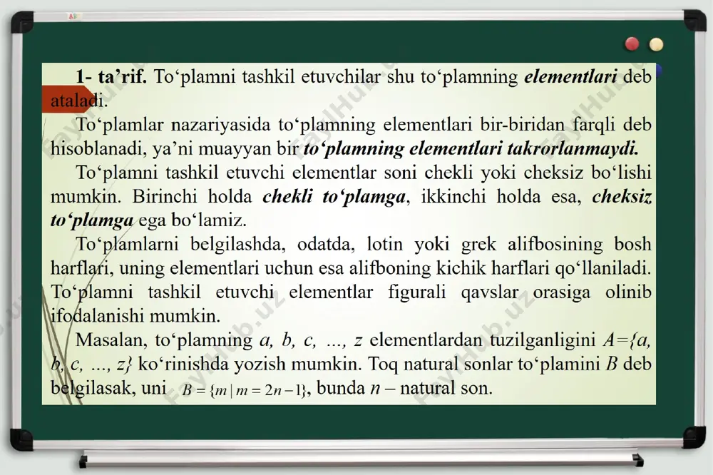 bo’lsa, a to‘plamning elementlari sonini toping. a) 3 b) 2 c) 5 d) 4 darsni yakunlash bugungi darsda to‘plamlar, to‘plamlarning elementlari, berilish usullari, to‘plamlarni birlashmasi, kesishmasi, ayirmasini, qism to‘plamlarini topishni, qolaversa venn diagrammasida to‘plamlarni tasvirlashni o‘rgandik. venn diagrammasi yordamida to‘plamlarni tasvirlash eng samarali va ko‘rgazmali usul hisoblanadi. foydalanilgan adabiyotlar ro‘yxati m.a. mirzaahmedov, sh.n. ismailov, a.q. amanov, b.q.xaydarov, matematika 10, darslik, toshkent, 2017. r.n.nazarov va boshqalar algebra va sonlar nazariyasi, 1-qism toshkent, 1993. matematika 2019-yil test topshiriqlari, davlat test markazi, toshkent, 2019. e’tiboringiz uchun rahmat image2.tmp image3.jpeg image4.png image5.png image6.png image7.png image8.png image9.png image3.png image48.png image50.png image60.png image10.png image11.png image16.png image17.png image18.png image19.png image20.png image21.png image22.png image23.png image24.png image25.png image80.png image26.png image27.png image90.png image101.png image111.png image12.png image13.png image14.png image15.png image240.png image29.png image30.png image100.png image110.png image28.png image31.png image32.png image33.png image34.png image35.png image140.png image160.png image37.png image170.png image180.png image38.png image36.png image39.png image40.png image41.png image42.png image43.png image44.png image45.png image46.png image47.png image49.png image210.png image51.png image230.png image1.jpeg …