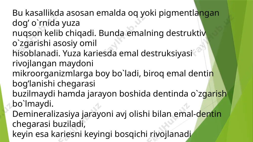 karies bilan qiyosiy tashxislanadi. boshlang’ich kariesda emal yuzasida dog’ ko`rinadi, emal to`qimasining butunligi saqlangan. yuza kariesda esa emal yuzasida emal to`qimasining yemirilishi kuzatiladi. qiyosiy tashxis. yuza karies emal eroziyasi bilan qiyosiy tashxislanadi. tish eroziyasini yuza kariesdan farqi shundaki, emal eroziyasida uning shakli oval ko`rinishida bo`lib, uzunligi toj qismining eng bo`rtib chiqqan vestibulyar yuzasida eni bo`ylab joylashadi. uning tubi esa silliq, yaltiroq qattiq bo`ladi. nuqson chegarasi esa oqimtir, hamda nuqson tarqalishi tubiga emas, balki eniga moyilligi bo`ladi. eroziya o`rta yoshdagi bemorlarda kuzatilib, bir vaqtning o`zida bir qancha tish jarohatlanadi. ko`pchilik hollarda bu jarayon simmetrik tishlarda kuzatiladi. anamnezida bunday bemorlar ko`p miqdorda sitrusli mevalar va ularning sharbati, nordon ozuqa iste'mol qiladilar. yuza karies emal gipoplaziyasi bilan qiyosiy tashxislanadi. emal gipoplaziyasida emal yuzasi silliq, nuqsonlar simmetrik tishlar yuzasida har xil joyda joylashadilar. yuza karies endemik flyuorozning eroziyali shakli bilan qiyosiy tashxislanadi. bunda ham yuza karies singari nuqson faqat emal qatlamida joylashadi. flyuorozda nuqson …