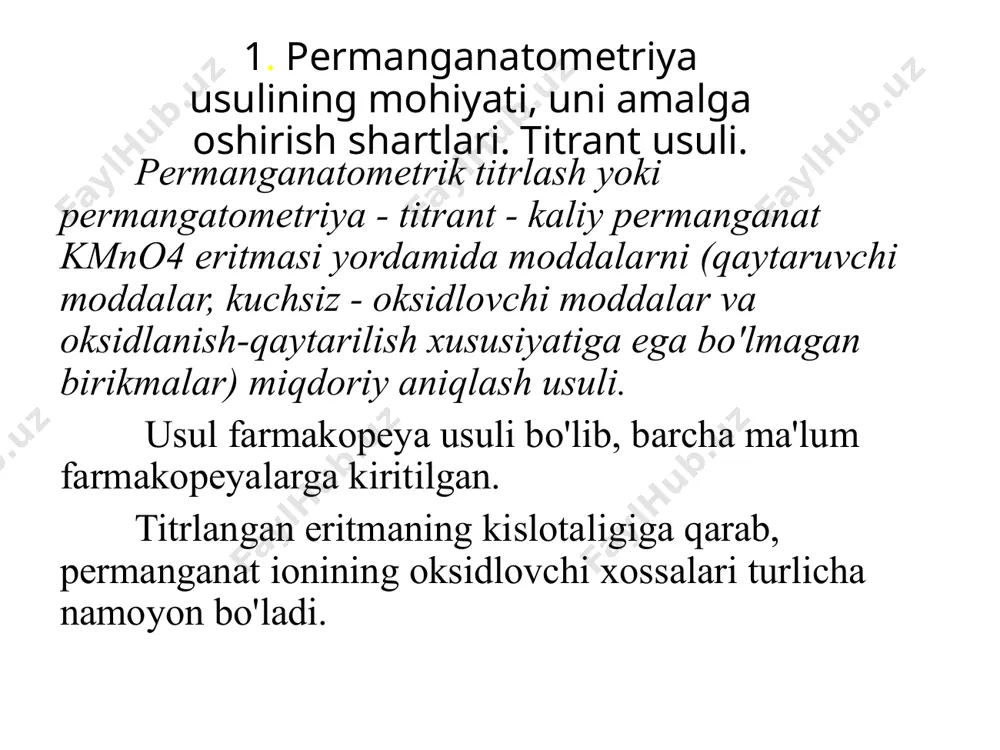 i muhit yaratiladi. nitrat kislotadan foydalanish mumkin emas, chunki uning o'zi kuchli oksidlovchi vosita bo'lib, aniqlanayotgan moddani oksidlashi mumkin. xlorid kislotasi ham permanganatometriyada qo'llanilmaydi, chunki xlorid ionlari permanganat ionlari tomonidan quyidagi sxema bo'yicha xlorgacha oksidlanadi: 10сl- +2mno4- +16н+ = 5c12 +2mn2+ + 8н2о bunda titrantning bir qismi xlorid ionlarining oksidlanishiga sarflanadi, bu titrantning ortiqcha sarflanishiga olib keladi va tahlil xatosini oshiradi. sulfat kislotali muhitda bu yon jarayonlar mavjud emas, shuning uchun permanganometrik titrlash sulfat kislotali muhitda amalga oshiriladi. 2) haroratning ta'siri. ko'pincha permanganatometriyani aniqlash xona haroratida amalga oshiriladi. istisno - titrlangan eritmani isitish orqali amalga oshiriladigan permanganat ionining oksalat kislotasi va oksalatlar bilan reaktsiyasi. 3) titrlashning oxirgi nuqtasini mahkamlash. permanganatometrik titrlashda odatda begona indikator ishlatilmaydi, chunki titrantning o'zi - kaliy permanganat eritmasi qizg'in qizil-binafsha rangga ega. en ga ortiqcha bir tomchi titrant qo'shilishi titrlangan eritmaning pushti rangga aylanishiga olib keladi. shunday qilib, 100 ml suvga aniq rang berish uchun molyar …