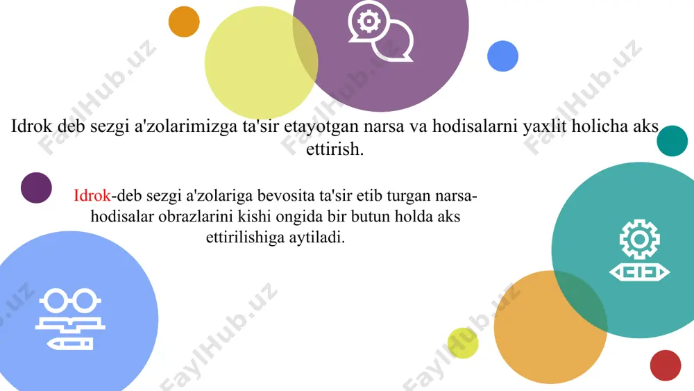 sita ta'sir etishi natijasida ularning ayrim belgi va xususiyatlarini miyamizda aks ettirilishini aytamiz. sezgi turlari psixologiya fanida sezgilar o’z navbatida quyidagi turlarga ajratiladi: ko’rish sezgilari; eshitish sezgilari; hid bilish sezgilari; ta'm bilish sezgilari; teri sezgilari; muskul - harakat (kinestetik); organik sezgilar; organik sezgilar organik sezgilarning reseptorlari ichki organlarda, qizilo’ngach, me'da, ichak, qon tomirlari, o’pka va shu kabilarda joylashgan bo’ladi. ichki organlardagi jarayonlar organik sezgilar reseptorlarining qo’zg’atuvchilaridir. ularga quyidagilar kiradi: a) og’riq sezgilar; b) chanqoq sezgilari; v) noxush tuyg’ular; g) ochlikni sezish. xayol xayol haqida tushuncha odam o’z hayoti davomida ilgari idrok qilgan narsa va hodisalarni tasavvur etibgina qolmay, balki hech qachon hayotida uchratmagan narsalarni ham tasavvur eta oladi. boshqacha qilib aytganda, odam faqat ilgari idrok qilgan narsalarinigina eslash bilan cheklanib qolmay, balki shu paytgacha hech qayerda uchratmagan yangi narsalarini ham o’z hayotida yarata oladi. xayol deb odamning ongida ilgaridan bor bo’lgan vaqtli aloqalarning (assotsiatsiyalarni) qaytadan tiklanishi va bir-biri bilan yangicha …