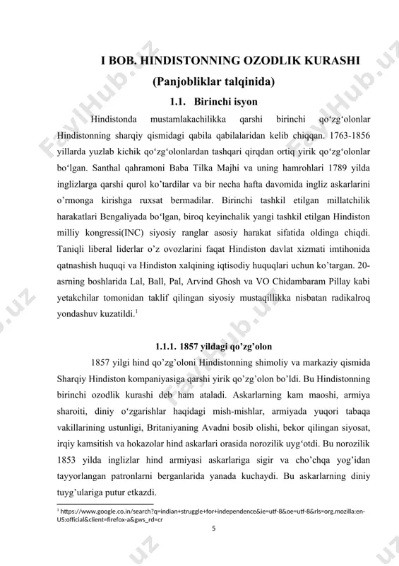 ing avadni bosib olishi, bekor qilingan siyosat, irqiy kamsitish va hokazolar hind askarlari orasida norozilik uygʻotdi. bu norozilik 1853 yilda inglizlar hind armiyasi askarlariga sigir va cho’chqa yog’idan tayyorlangan patronlarni berganlarida yanada kuchaydi. bu askarlarning diniy tuyg’ulariga putur etkazdi. mangal pandey qo’zg’olonning dastlabki bosqichlarida muhim rol o’ynadi. uning ingliz boshliqlariga bo’ysunishi va uning qatl etilishi 1857 yilgi hindiston qo’zg’olonini qo’zg’atdi. 1857-yil 10-mayda meerutdagi askarlar saflarini buzib, qo’mondonlariga qarshi chiqishdi va ularning bir qismini o’ldirishdi. ular 11-may kuni dehliga etib kelishdi, kompaniyaning pullik uyiga o’t qo’yishdi va qizil qal’aga yurish qilishdi va u erda mug’allar imperatori bahodurshoh zafardan o’zlariga rahbar bo’lishni va taxtlarini qaytarib olishni so’rashdi. imperator oxir-oqibat rozi bo’ldi va qo’zg’olonchilar tomonidan shohenshoh-i-hinduston deb e’lon qilindi. qo’zg’olonchilar shaharning yevropalik, yevroosiyolik va nasroniy aholisining katta qismini ham qirg’in qildi.[footnoteref:2] [2: india’s struggle for independence by bipan chandra, page 43.] oudda va shimoli-gʻarbiy viloyatlarning boshqa qismlarida ham qoʻzgʻolon koʻtarilib, bu yerda qoʻzgʻolon …