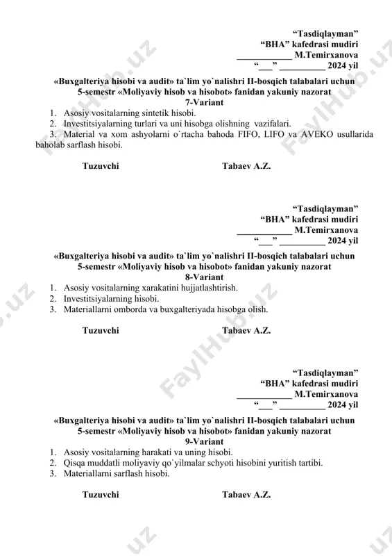 azorat 12-variant bankdagi maxsus, akkreditiv, chek daftarlari va boshqa maxsus schyotlar hisobini yuritish tartibi. kasallik varaqasi va mehnat ta`tiliga haq hisoblash. nomoddiy aktivlarga imortizatsiya ajratmasi va hisobdan chiqarilishining hisobi. tuzuvchi tabaev a.z. “tasdiqlayman” “bha” kafedrasi mudiri ____________ m.temirxanova “___” __________ 2024 yil «buxgalteriya hisobi va audit» ta`lim yo`nalishri ii-bosqich talabalari uchun 5-semestr «moliyaviy hisob va hisobot» fanidan yakuniy nazorat 13-variant kassa, hisob-kitob, valyuta schyoti va bankdagi boshqa schyotlardagi pul mablag`lari hisobini tashkil qilish. korxona xodimlarining shaxsiy tarkibi, uning turkumlanishi. nomoddiy aktivlarni sintetik hisobi. tuzuvchi tabaev a.z. “tasdiqlayman” “bha” kafedrasi mudiri ____________ m.temirxanova “___” __________ 2024 yil «buxgalteriya hisobi va audit» ta`lim yo`nalishri ii-bosqich talabalari uchun 5-semestr «moliyaviy hisob va hisobot» fanidan yakuniy nazorat 14-variant naqd pul, kassa muomalalarining hisobini yuritish tartibi. mehnatga haq to`lashning shakllari va turlari. nomoddiy aktivlarning turkumlanishi va ularni hisobga olishning vazifalari. tuzuvchi tabaev a.z. “tasdiqlayman” “bha” kafedrasi mudiri ____________ m.temirxanova “___” __________ 2024 yil «buxgalteriya hisobi …