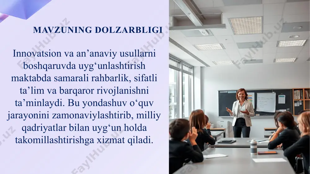 ini tanlaydi. bu tajriba, o‘z navbatida, mahalliy sharoitga moslashtirilgan integratsiyalashgan boshqaruv yondashuvlarini ishlab chiqishda foydalidir. buyuk britaniyada maktab boshqaruvi ko‘proq tizimli rejalashtirish, samaradorlikni o‘lchash va o‘zaro hisobdorlik asosida olib boriladi. an’anaviy ustoz-shogird tamoyillari bilan bir qatorda, zamonaviy boshqaruv vositalari — tahliliy kuzatuvlar, o‘quv dasturlari monitoringi va ota-onalar bilan muntazam hamkorlik asosida ishlanadi. maktab rahbarlari jamoa yetakchiligiga katta e’tibor qaratadi, bu esa boshqaruvda bir-birini to‘ldiruvchi yondashuvlarni uyg‘unlashtirishga xizmat qiladi. qozog‘istonda so‘nggi yillarda ta’lim sohasida amalga oshirilayotgan islohotlar doirasida innovatsion boshqaruv usullariga alohida urg‘u berilmoqda. maktab direktorlari maxsus tayyorgarlikdan o‘tkaziladi, ta’limdagi raqamlashtirish va o‘zini-o‘zi baholash tizimi kuchaytirilmoqda. shu bilan birga, milliy an’analar va qadriyatlar asosidagi rahbarlik uslublari saqlanib qolmoqda. bu esa boshqaruvda muvozanatni ta’minlash, an’anaviy tajriba bilan zamonaviy vositalarni uyg‘unlashtirishga imkon yaratadi. xorijiy tajribalarning o‘rganilganligi mavzuning qiyosiy tahlil etilganligi t/r2 amaldagi holat (o‘zbekistonda) amaldagi holat (xorijda) takliflar 1 o‘zbekistonda maktab boshqaruvi ham an’anaviy, ham zamonaviy yondashuvlarga asoslanmoqda. so‘nggi yillarda raqamli tizimlar, elektron …