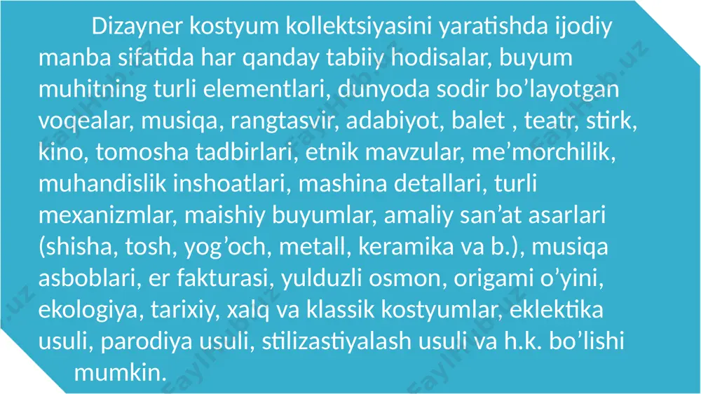 ’mor konstruktiv shakllarni biologizastiyalanishi desa bo’ladi. bionika boshqa sohalarda jadal tarqaldi: maishiy texnikada, harbiy sanoatda (suv osti kemalarining shakli baliq shaklida) va b. zamonaviy kostyumda bionikaning timsoli chakamug’ o’simlikning tikani asosida kashf etilgan “velkro” tasmasi keng qo’llaniladi. tabiat million yillar davomida durdona asarlar yaratib, o’z mahoratini doimo oshiradi. tabiatning organik va mantiqiy bog’liqlari mujassamlashgan yangi shakllarni yaratish imkoniyatni topish, zamonaviy dizayn yangi yo’nalishning asosiy vazifasi bo’ldi, bunga o’zaro chambarchas bog’liq bo’lgan bionika va kristallografiya katta ta’sir etmoqda. transformastiya – bu buyum shakli va hajmini har xil usulda biriktirish, joyini o’zgartirish, ayrim detallarni almashtirish hisobiga o’zgartirish. boshqacha aytganda, buyum loyihasiga qandaydir qo’zg’aluvchanlikni asos qilinadi, chunki iste’molchining hamkorligi nazarda tutiladi. standart detallar to’plamidan asosiy shaklga har xil biriktiruv usullari yordamida ko’p variantlarni hosil qilish mumkin. zamonaviy moda buyumlarni funkstional trasformastiyasi normativ operastiyalarni doimo bo’lganligi oqibatidir. texnogen muhitda antropologik adaptastiyaning asosiy qiyinchiligi buyum dunyosining real moddiyligini yo’qotilganligi, shuning uchun dizaynerlar oldida yangi o’ta …
