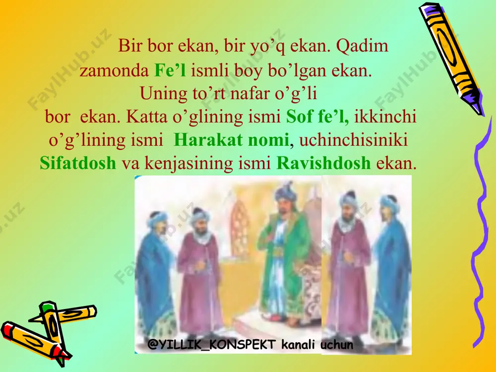 xsh etadi, ulug’ darajaga yetkazadi. donolardan o’rganish va o’rgangan narsalarni boshqalarga o’rgatish eng buyuk insoniy belgilardandir. ilm o’rganishdan murod mansab emas, xalq va vatan oldidagi burchni oqlash uchundir. bu usuldan kutilgan natijalar: 1.mavzudan kelib chiqib savol va topshiriqlar yordamida o’z fikrini og’zaki ,aniq,tushunarli bayon qila olish, mavzu yuzasidan berilgan savollarga javob berishda o’quvchilarning yoshi va qiziqishlari hisobga olinadi. 2.ertak usuli o’quvchilarda diqqatni bir joyga jamlash va komunikativ kompetensiyaning suhbatdosh fikrini diqqat bilan tinglash komponentini shakllantirishga yordam beradi. 3.axborot bilan ishlash kompetensiyasining ma’lumotlar ichidan zarur axborotlarni izlab topish va ular ichidan eng zarurlarini tanlab olish elementini shakllantirishga yordam beradi. 4.ertak voqealari asosida umummadaniy, ijtimoiy faol fuqarolik kompetensiyasining bir qator komponentlarini shakllantirishga erishish mumkin. 5.shaxs sifatida o’z-o’zini rivojlantirish kompetensiyasining olgan bilimlarini kundalik faoliyatida qo’llay olish, nazariy bilimlarni amaliyot bilan bog’lash ,tizimlar, voqealar va hodisalar,vaziyatlar o’rtasidagi bog’liqlikni tushunish va farqlash ko’nikmasini shakllantirish mumkin. @yillik_konspekt kanali uchun
