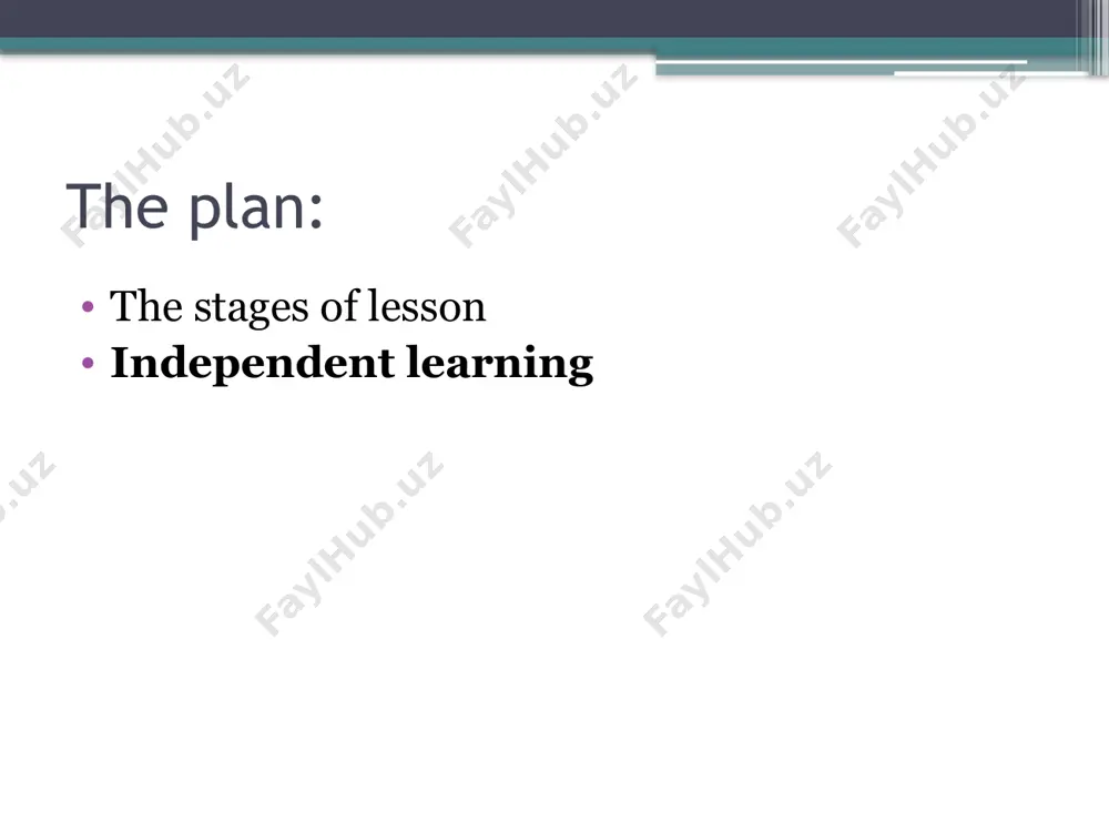 y can improve. independent learning nowadays the role o f an independent work (learning) at all stages o f education is increasing. one of the organizational forms of teaching is independent work (self-study) run out of direct contact with a teacher (homework, laboratory work) or run under control of the teacher and run through teaching material and monitoring by the teacher (distance learning). independent work is the important part in elt, because 30 % of teaching and learning time is given to the independent work. the teacher must: 1) understand the goal of independent work and the final result o f elt at a certain level; 2)know the procedure o f independent work. independent work can be conducted in the classroom and out-of-classroom in the written and oral form. independent work can be organized as an individual work, or pair and group work. the aim o f the teacher is …