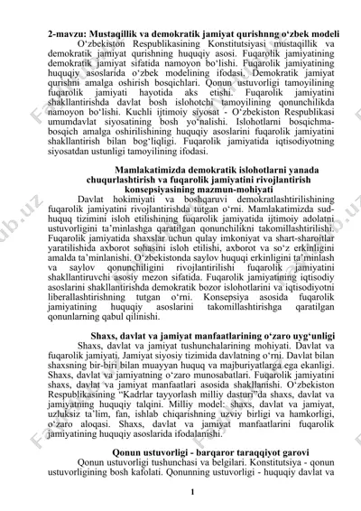 mustaqillik va demokratik jamiyat qurishning o‘zbek modeli — DOC